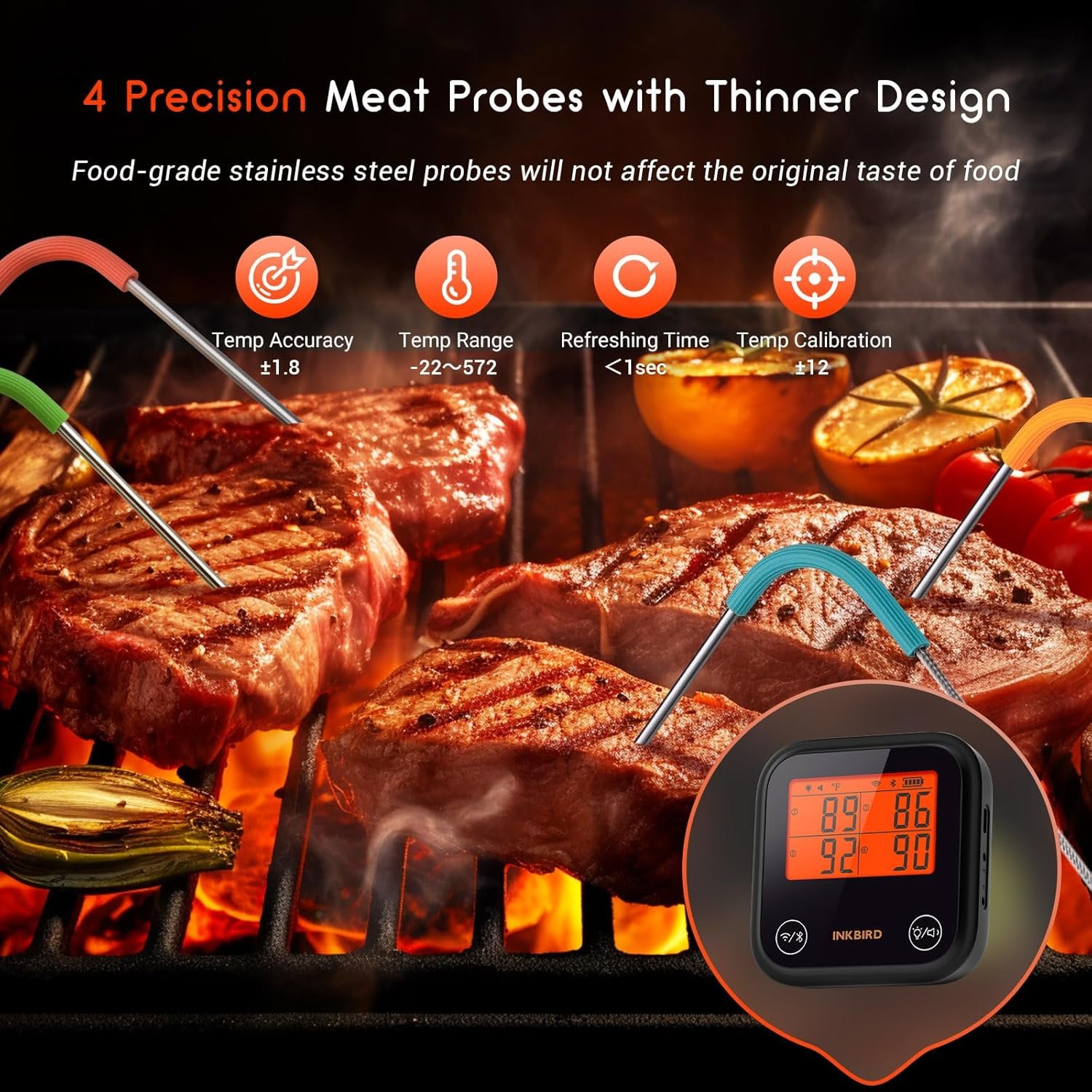 INKBIRD Dual Mode Bluetooth & WiFi Wireless Meat Thermometer, 4 Probes WiFi Meat Thermometer with Clear LCD for Smoking, Bluetooth Meat Thermometer with Smart APP Control for Oven,Cooking - Image 4
