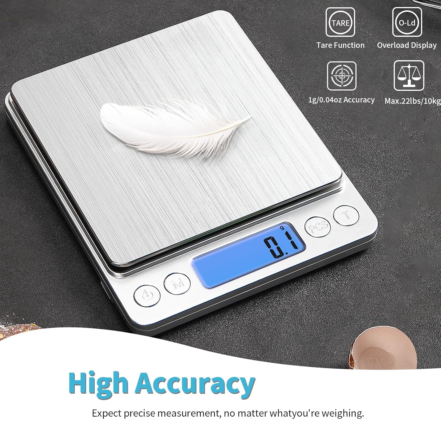 Food Scale, Digital Kitchen Scale Weight Grams and Ounces,0.1g High Accuracy Mini Pocket Scale for Baking Cooking Meal Prep Weight Loss, Rechargeable, Tare Function,2 Trays, LCD Display - Image 3