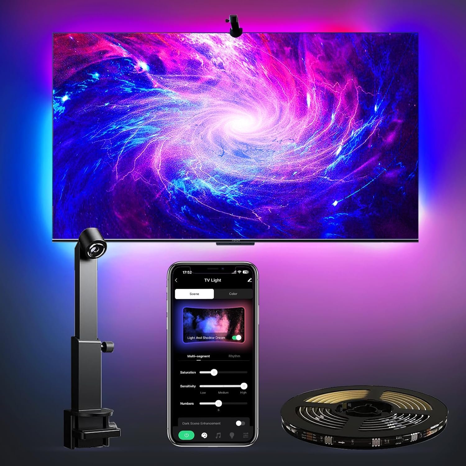 TV LED Backlight with Camera for 55-65 inch Screens, 13Ft LED Strip Lights Sync to Screen & Music, RGB Built in Chip Strip Lights Color Changing, Smart App Control, USB Power - Image 2