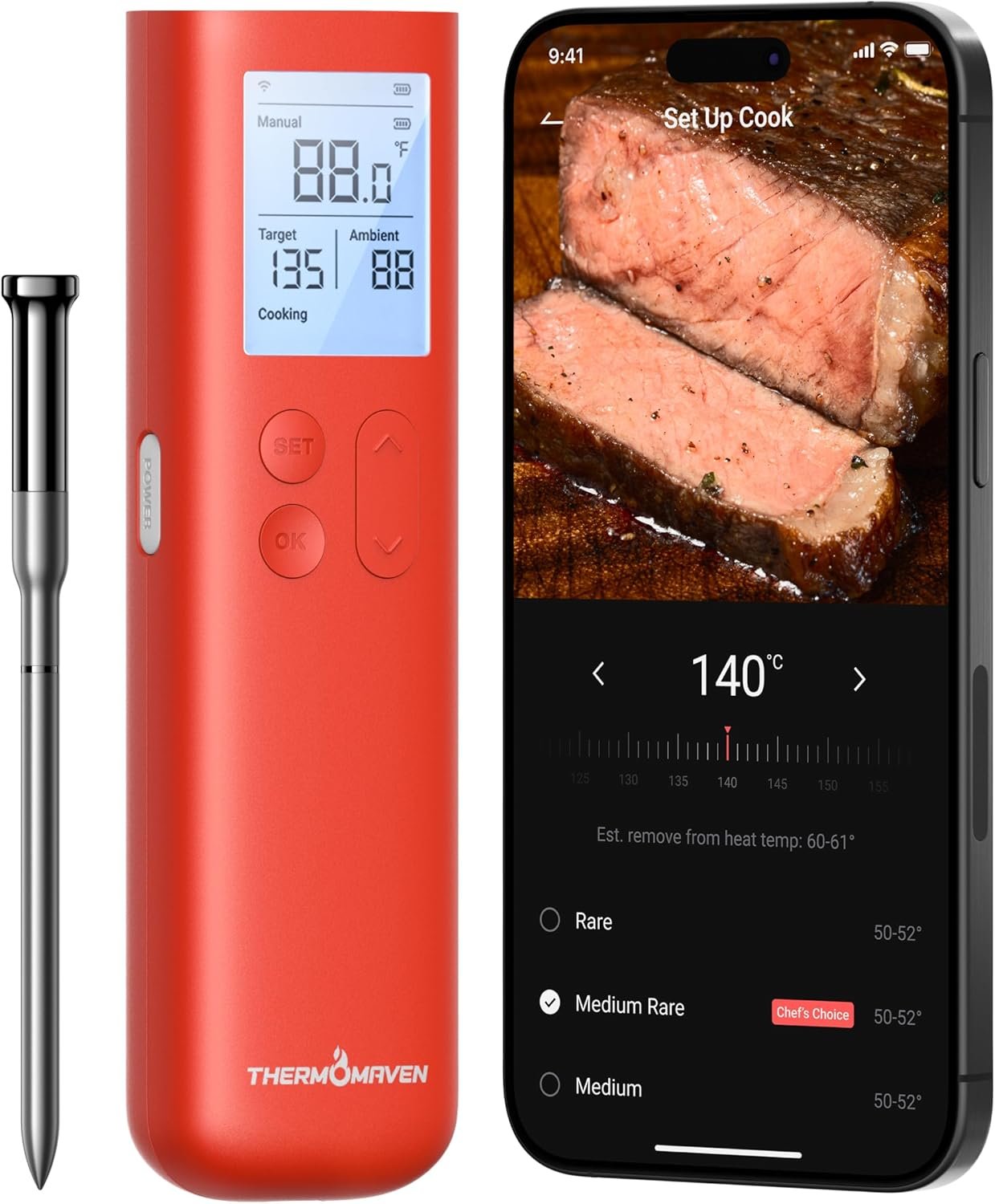 Wireless Meat Thermometer, 10X Enhanced Signal and Stability with Sub-1G, Standalone Base with Display & Control, Certified Accuracy ±0.5°F, WiFi Unlimited Range for BBQ, Oven,Smoker,Grill - Image 2