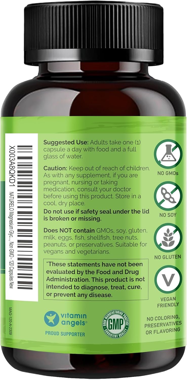 NATURELO Magnesium Glycinate Chelate Complex - 200 mg Magnesium with Organic Vegetables to Support Sleep, Calm, Muscle Cramp & Stress Relief – Gluten Free, Non GMO - 120 Capsules - Image 3