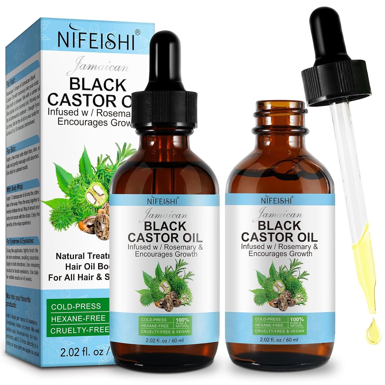 NIFEISHI Organic Castor Oil, 2pcs Pure Natural Jamaican Black Castor Oil Infused with Rosemary, Cold Pressed Glass Bottles, Boost Hair Growth for Thicker, Fuller Hair, Eyelashes & Eyebrows 2.02 fl oz - Image 2