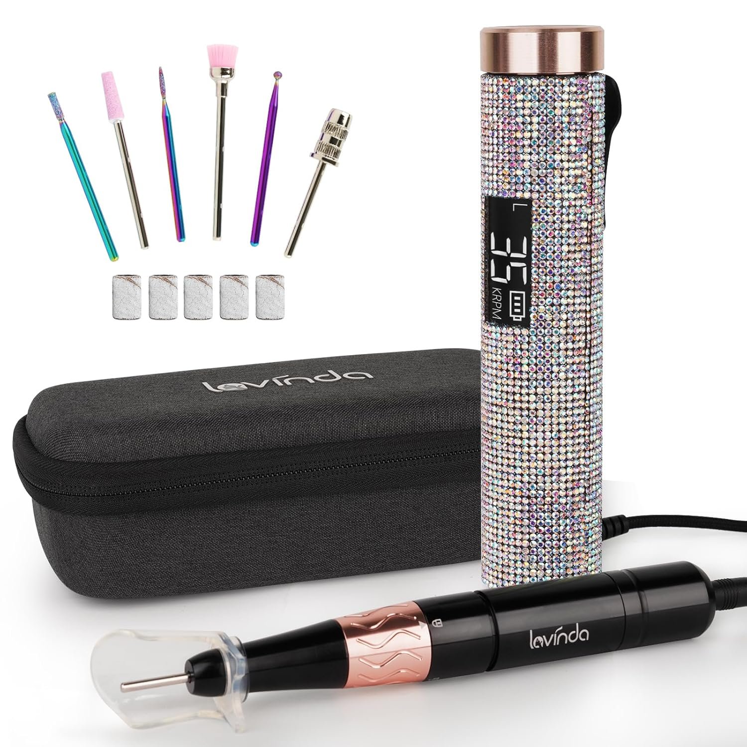 Electric Portable Nail Drill Kit, Lavinda 35000RPM Professional Nail Drill Machine with Coreless Motor for Acrylic Gel Nails, Cordless Rechargeable Manicure/Pedicure/Polishing Tool, Crystal Diamond - Image 2