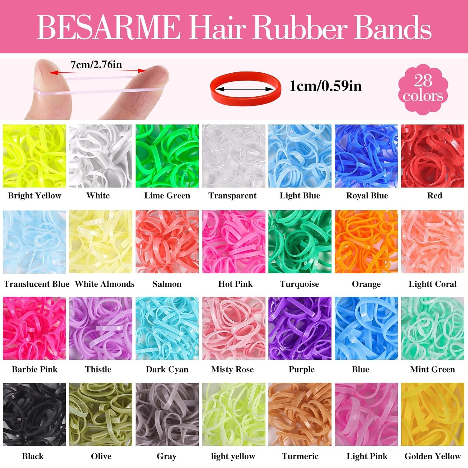BESARME 28 Colors Rubber Bands for Hair with 7 Hair Styling Tools, 2100 Pcs Colorful Elastic Hair Ties Ponytail Holders Hair Accessories for Girls Baby Toddler Christmas Gifts - Image 4