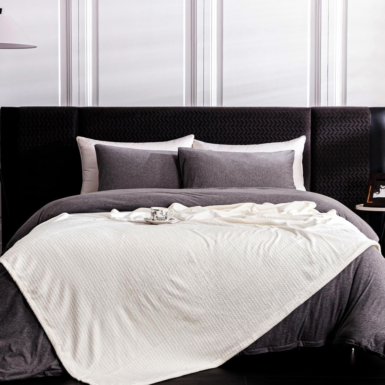 Soft Cozy 50x70 Inches Waffle Flannel Throw Blanket,3D Jacquard Grid Design Luxury,Lightweight Plush Fuzzy Summer Blanket Fleece Blanket for Couch,Bed,Sofa,Camping and Travel,Ivory White - Image 4