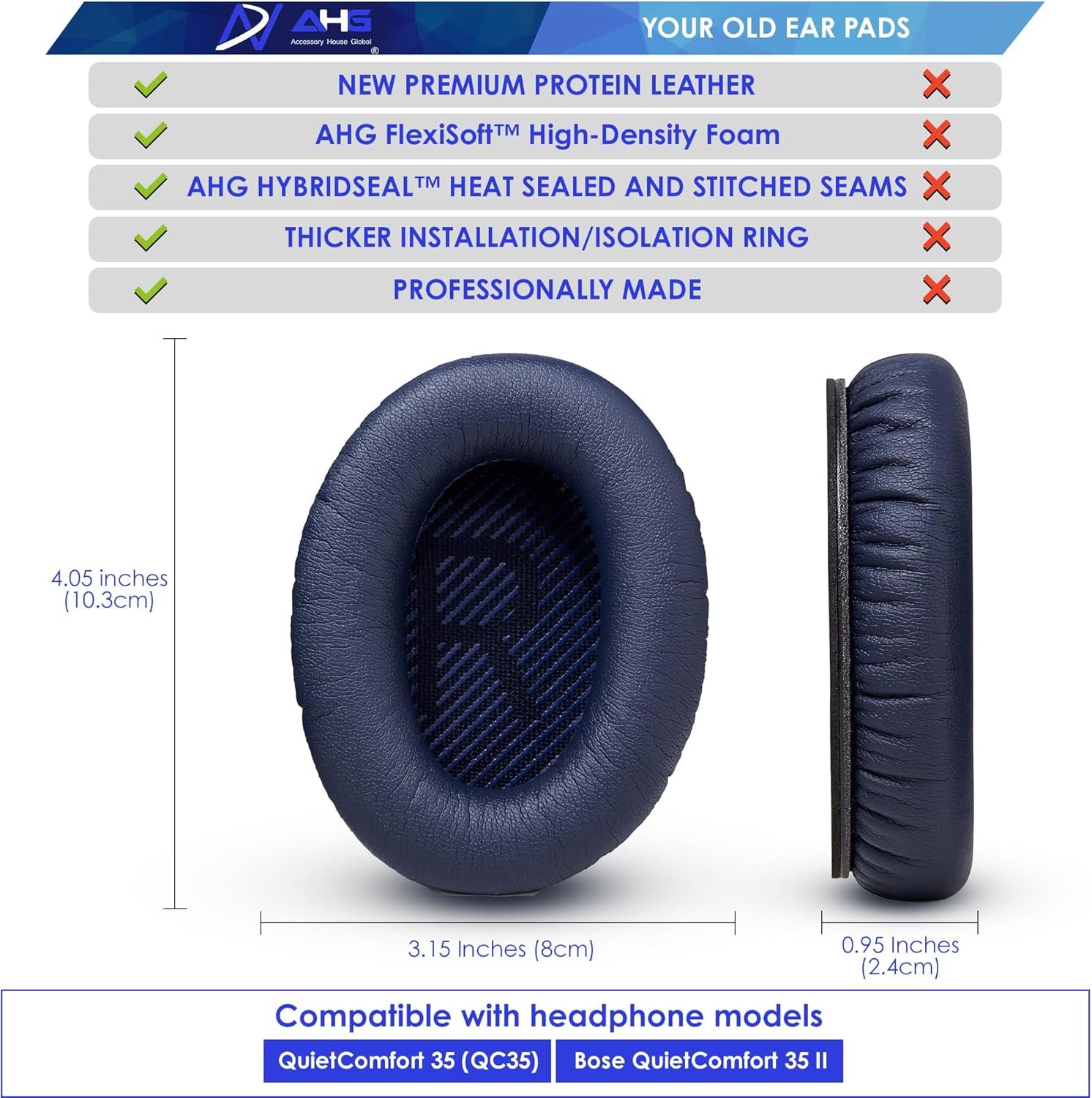 AHG QC35 Replacement Ear Pads / QC35 ii Ear Pads Cushion Blue Compatible with Bose QuietComfort 35 (QC35) / Bose QuietComfort 35 ii (QC35 ii) Headphones (Midnight Blue). Great Comfort + Durability - Image 7