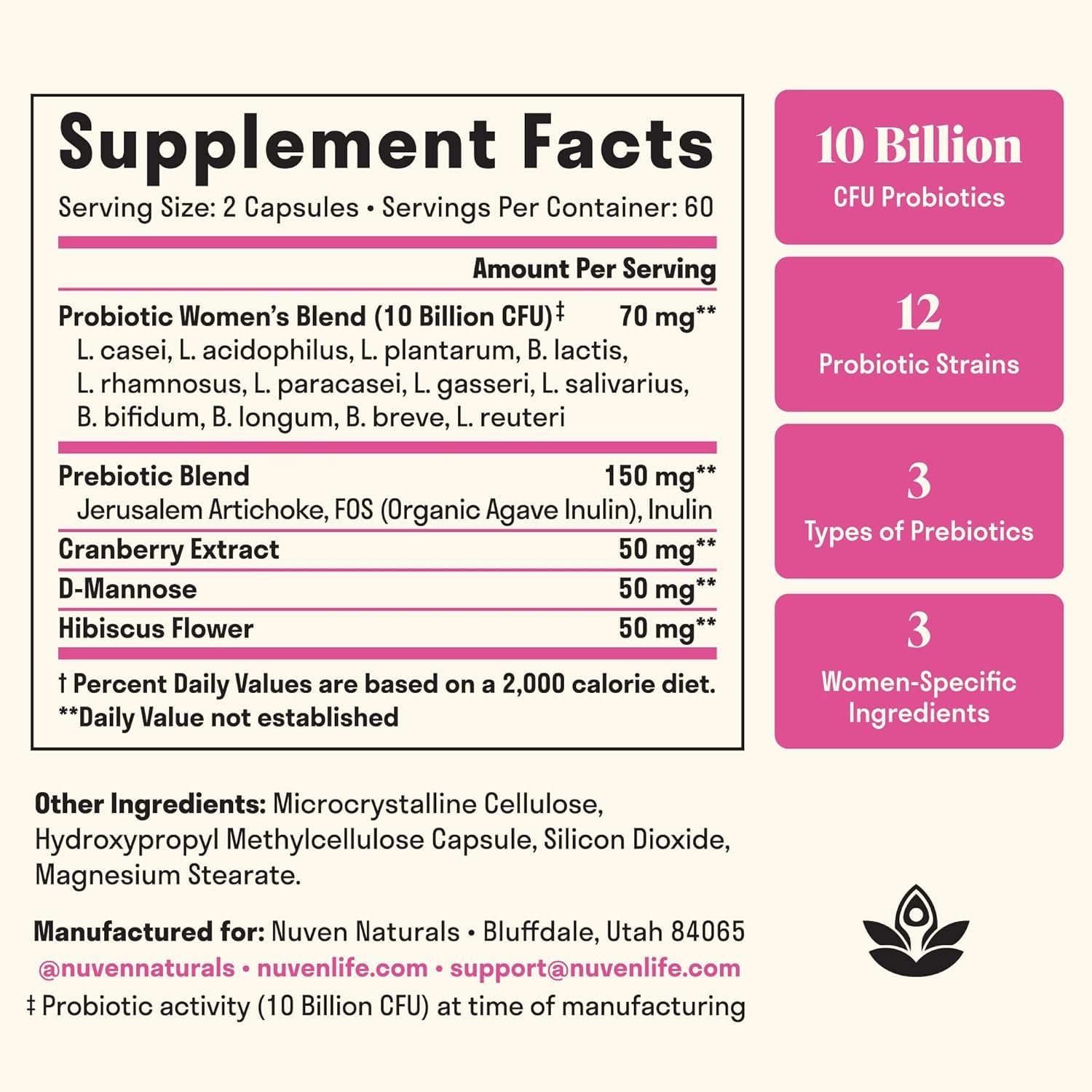 Womens Probiotic - 60 Day Supply - 12 Probiotic Strains, D Mannose, Cranberry for Digestive Health, Vaginal Health, & Immune Support - Prebiotics and Probiotics for Women - Image 3