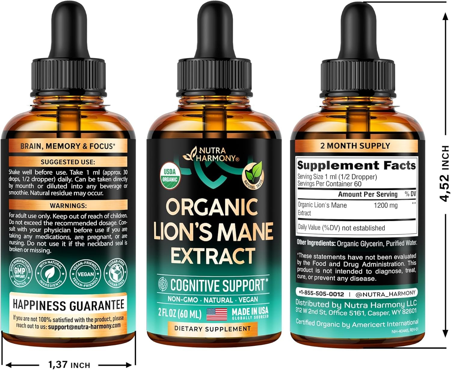 Lions Mane Liquid - USDA Certified Organic Lions Mane Supplement - Brain Support, Energy, Memory & Focus - Sugar & Alcohol-Free Lions Mane Mushroom Extract 72,000 mg / Bottle - 2 Fl OZ, 2 Month Supply - Image 8