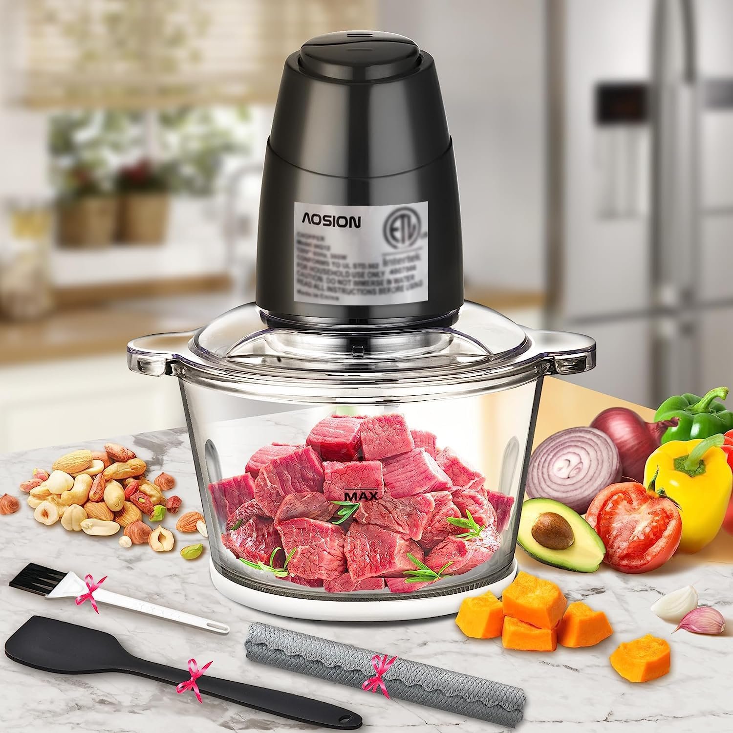 AOSION Electric Food Processor,8 Cup food Chopper,Vegetable Chopper & Meat grinder 350W with 2L Glass Bowl Grinder with 2 Speed for Baby Food/Meat/Fruits/Nuts. - Image 2