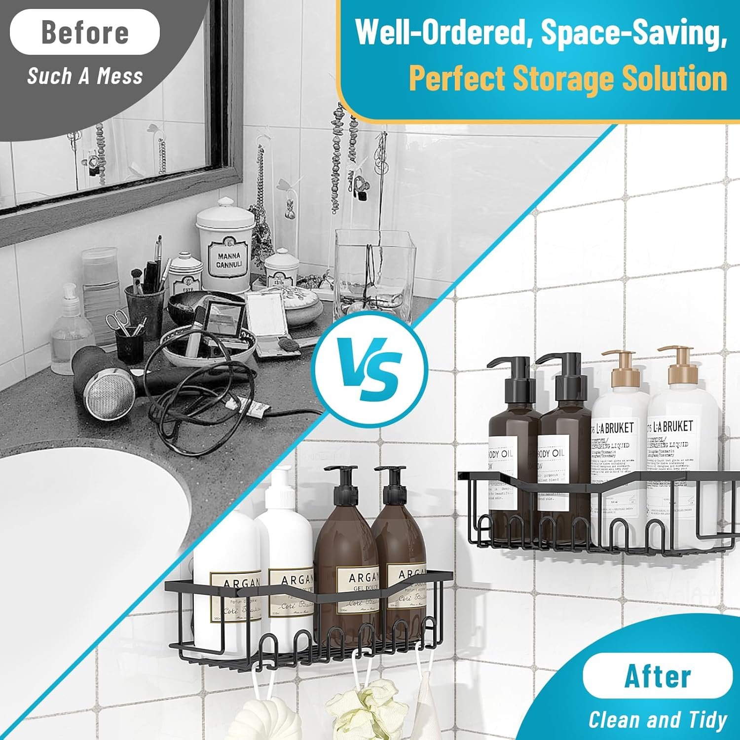 OLANLY Shower Caddy 5 Pack, Adhesive Shower Organizer for Bathroom Storage, Rustproof Stainless Steel Bath Organizers, Shower Shelves for Inside Shower, Large Capacity, Home Decor Accessories, Black - Image 4