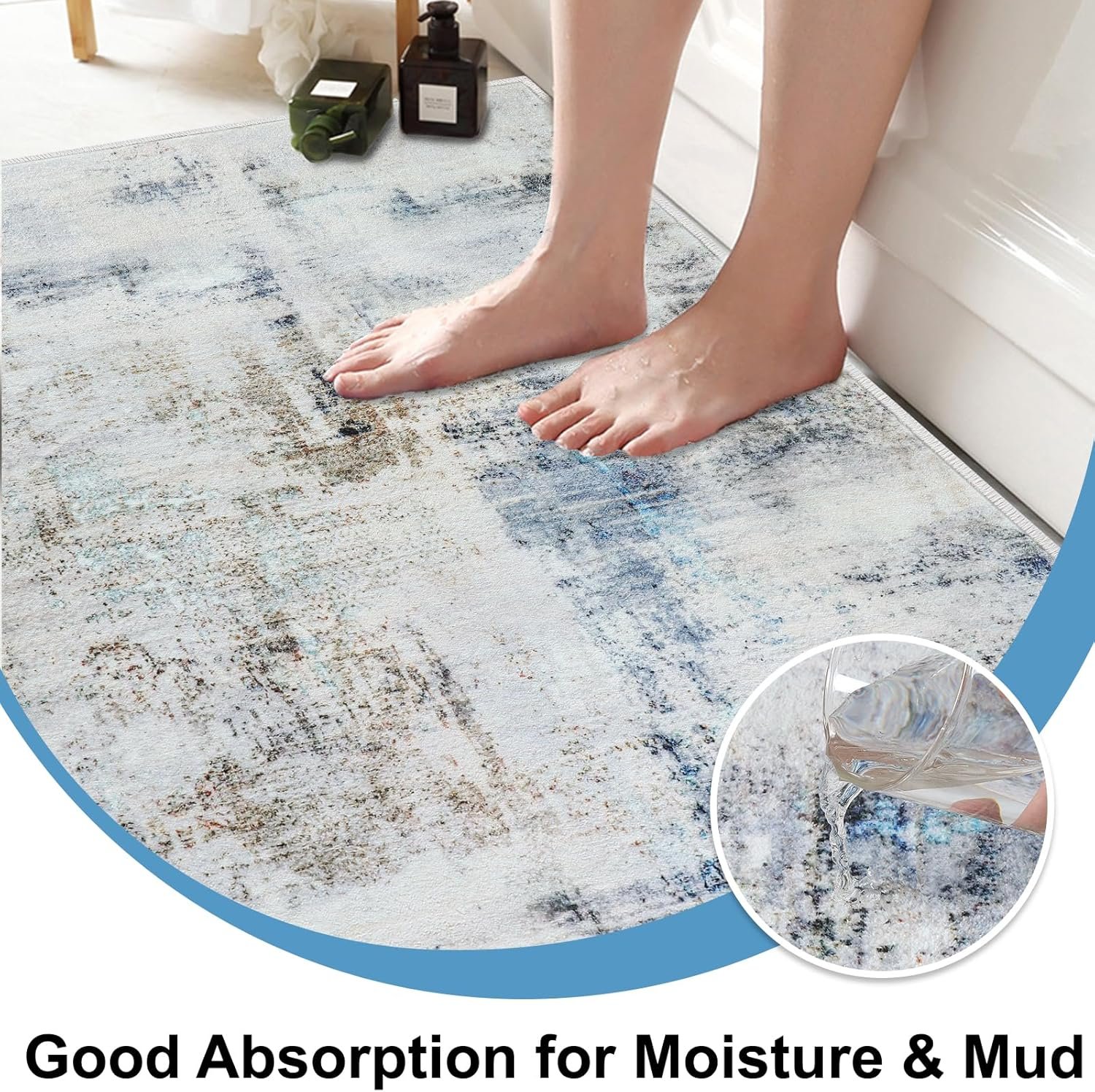 Door Mat, Front Indoor Door Mat Faux Wool Non-Slip Entryway Rug Absorbent Abstract Throw Rug for Indoor Entrance Hallway Laundry Room, High Traffic Areas, 32 x 48 Inches, Mottled Light Blue - Image 4