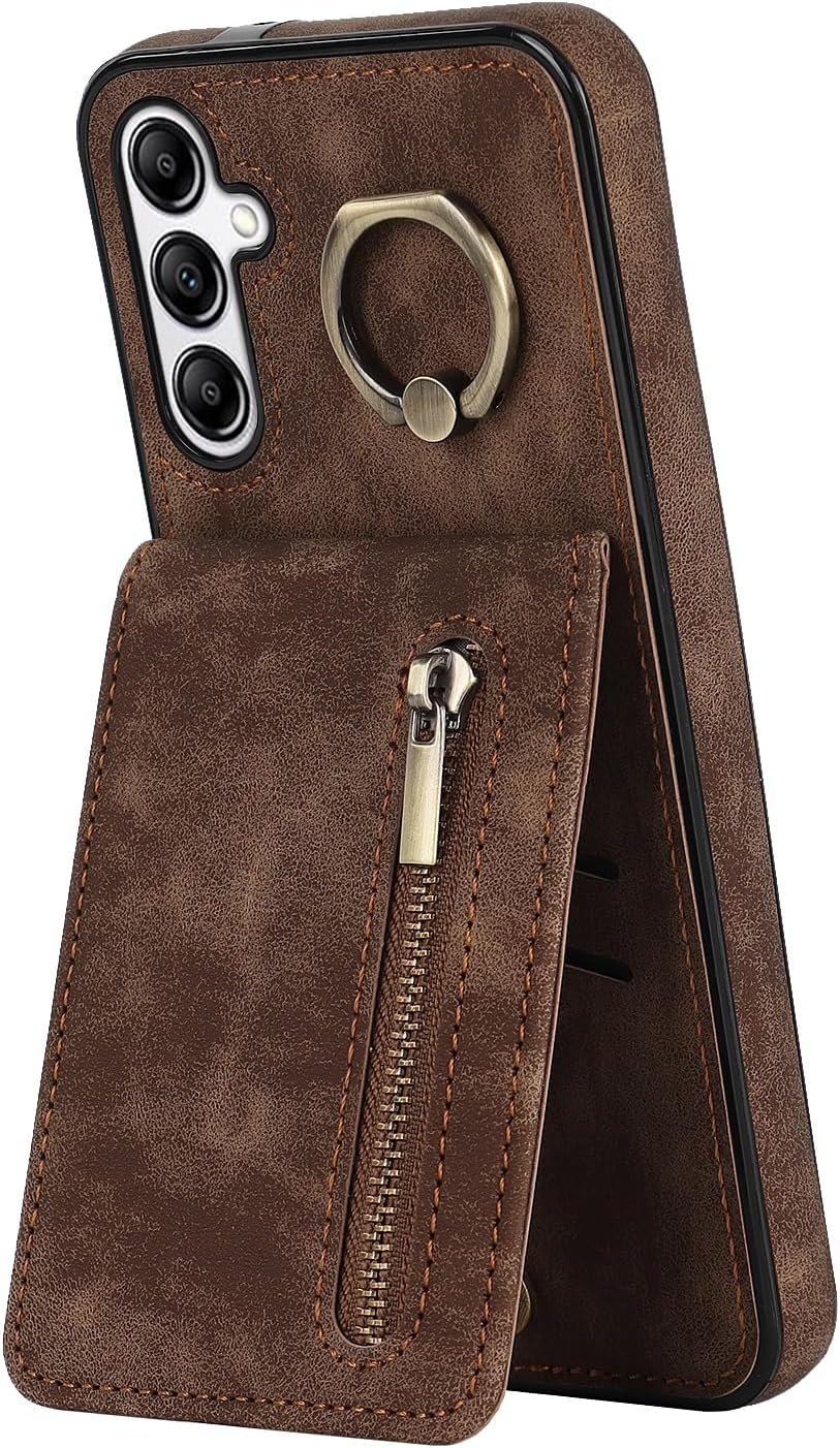 Asuwish Phone Case for Samsung Galaxy A14 5G Wallet Cover with Tempered Glass Screen Protector and Cell Accessories Zipper RFID Card Holder Slot Ring Kickstand A 14 4G 14A G5 A145G SM Women Men Brown - Image 9