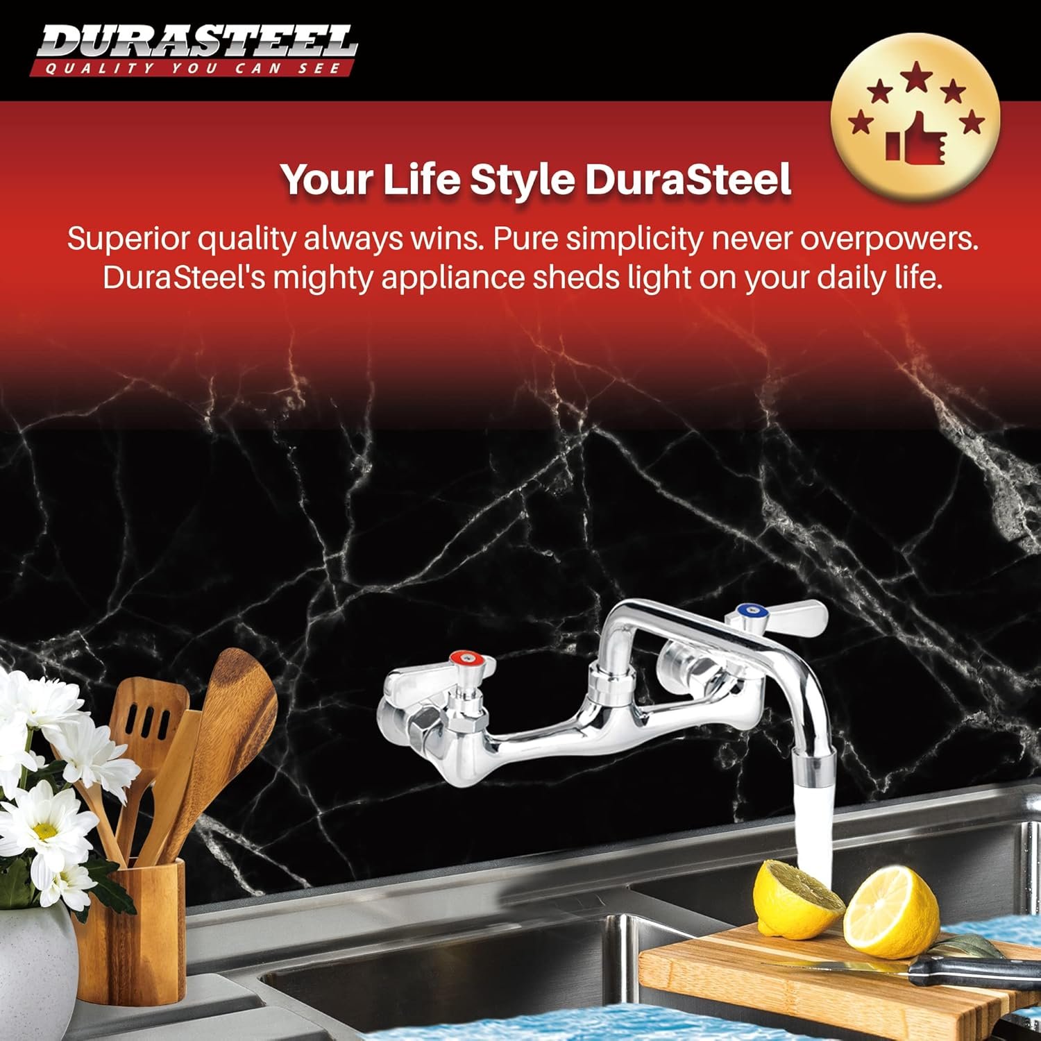 Kitchen Sink No Lead Faucet - DuraSteel 8" Center Wall Mounted Commercial Kitchen Sink Faucet with 8" Swivel Spout - NSF Certified - Dual Lever Handles - Brass Constructed & Chrome Polished - Image 8