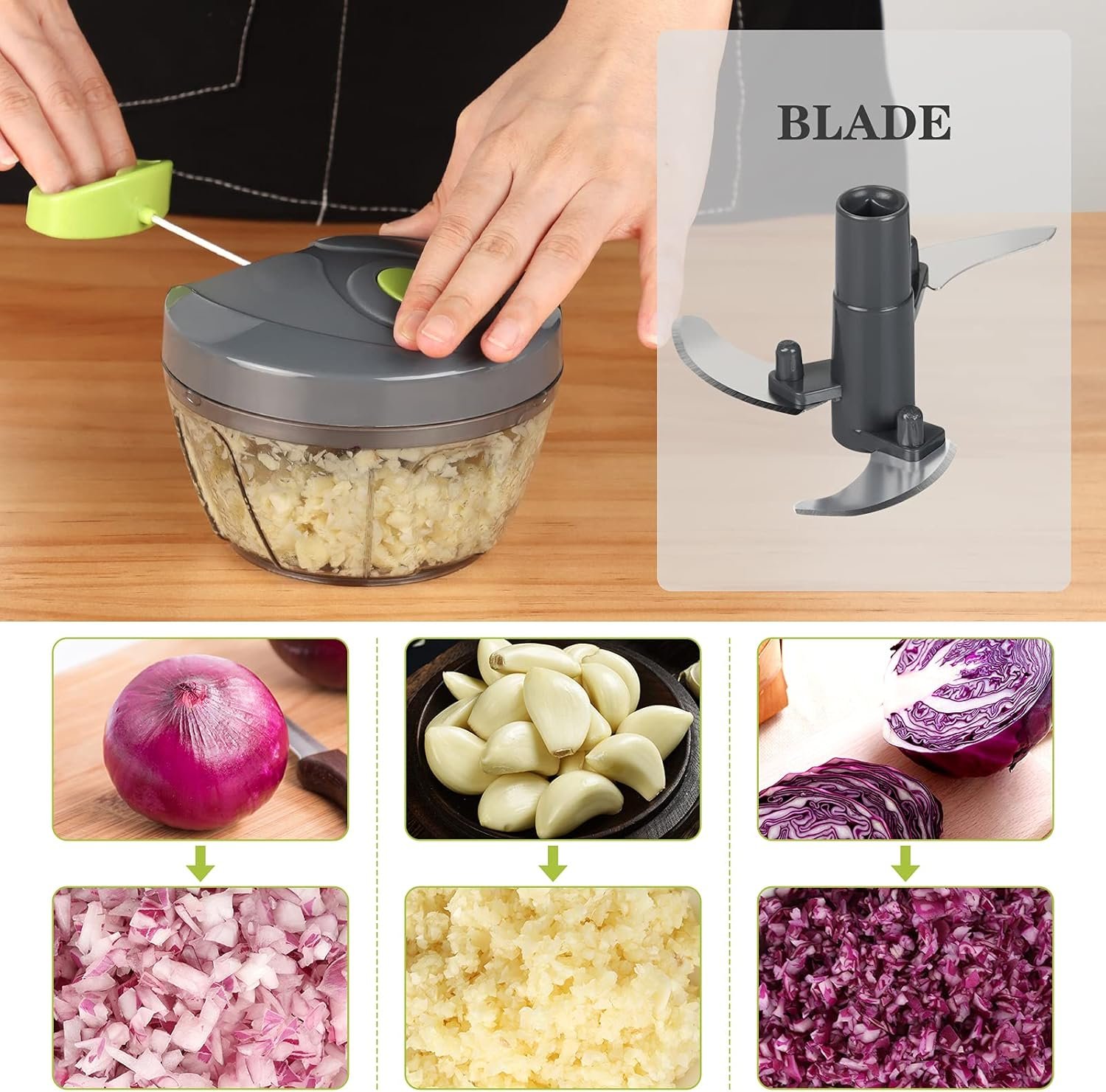 Cambom Manual Food Chopper Vegetable Cutter, Hand String Vegetable Chopper Onions Cutter for Vegetable Fruits Nuts BPA Free Food Safe Material, 550ml Gray - Image 3