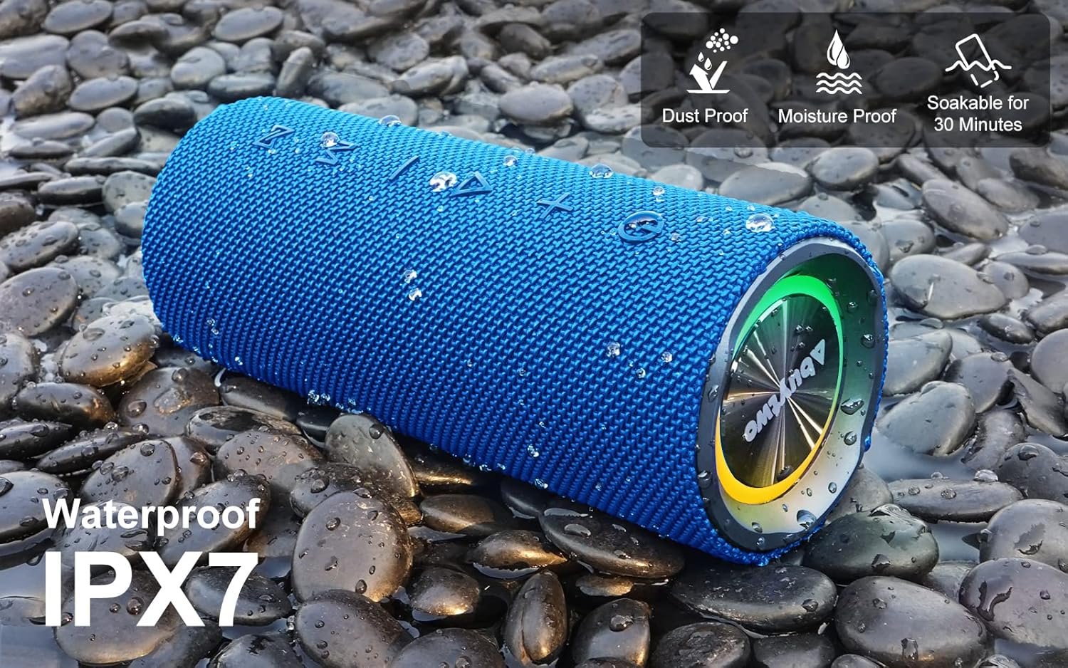 Bluetooth Speaker IPX7 Waterproof, Loud 30W HD Sound Wireless Speakers RGB LED Shower Speaker, Dual Pairing 24H Playtime Wireless Stereo Travel Speakers for Home Outdoor Kayak Beach (Blue) - Image 4