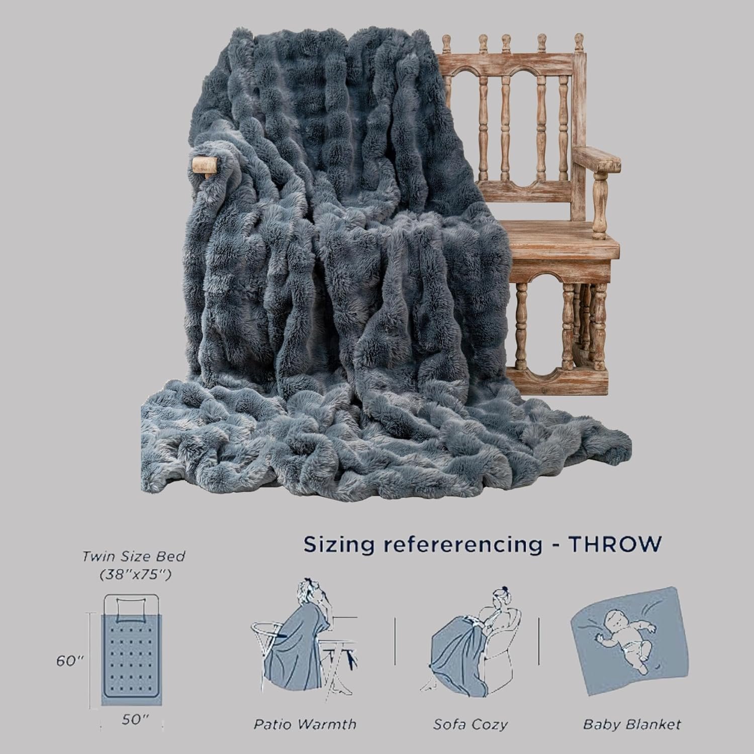 Faux Fur Throw Blanket for Couch and Bed | Chunky Knit Durable & Wrinkle Resistant | Soft and Cozy - Kid & Pet Safe Big Fluffy Ultra Soft Double-Sided All-Season Comfort 50''x 60'' - Dark Grey - Image 5