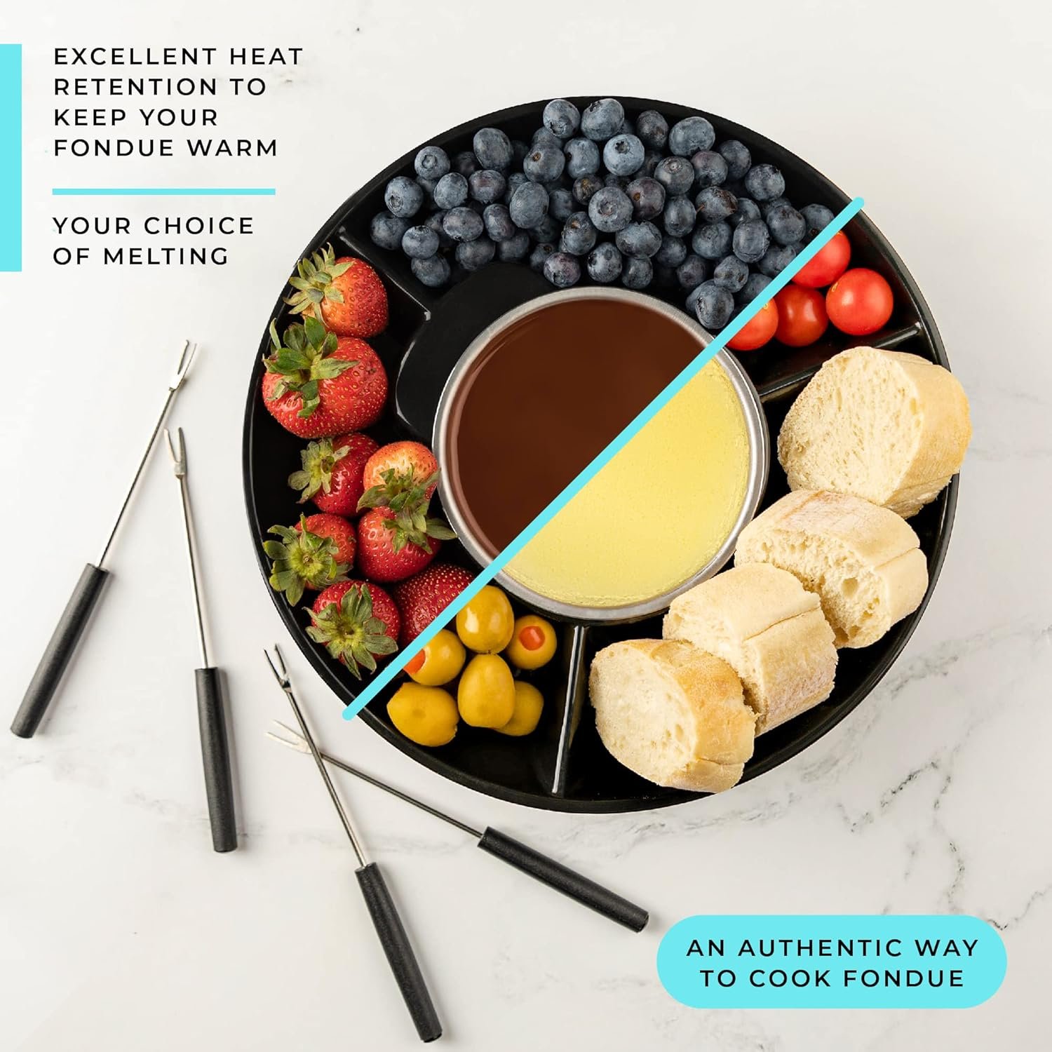 Kusini Electric Fondue Pot Set - Chocolate Fondue Kit - Temperature Control, Detachable Serving Trays, & 4 Roasting Forks - Gift Set & Date Night Idea. Serve at Movie Night or Game Night. - Image 5