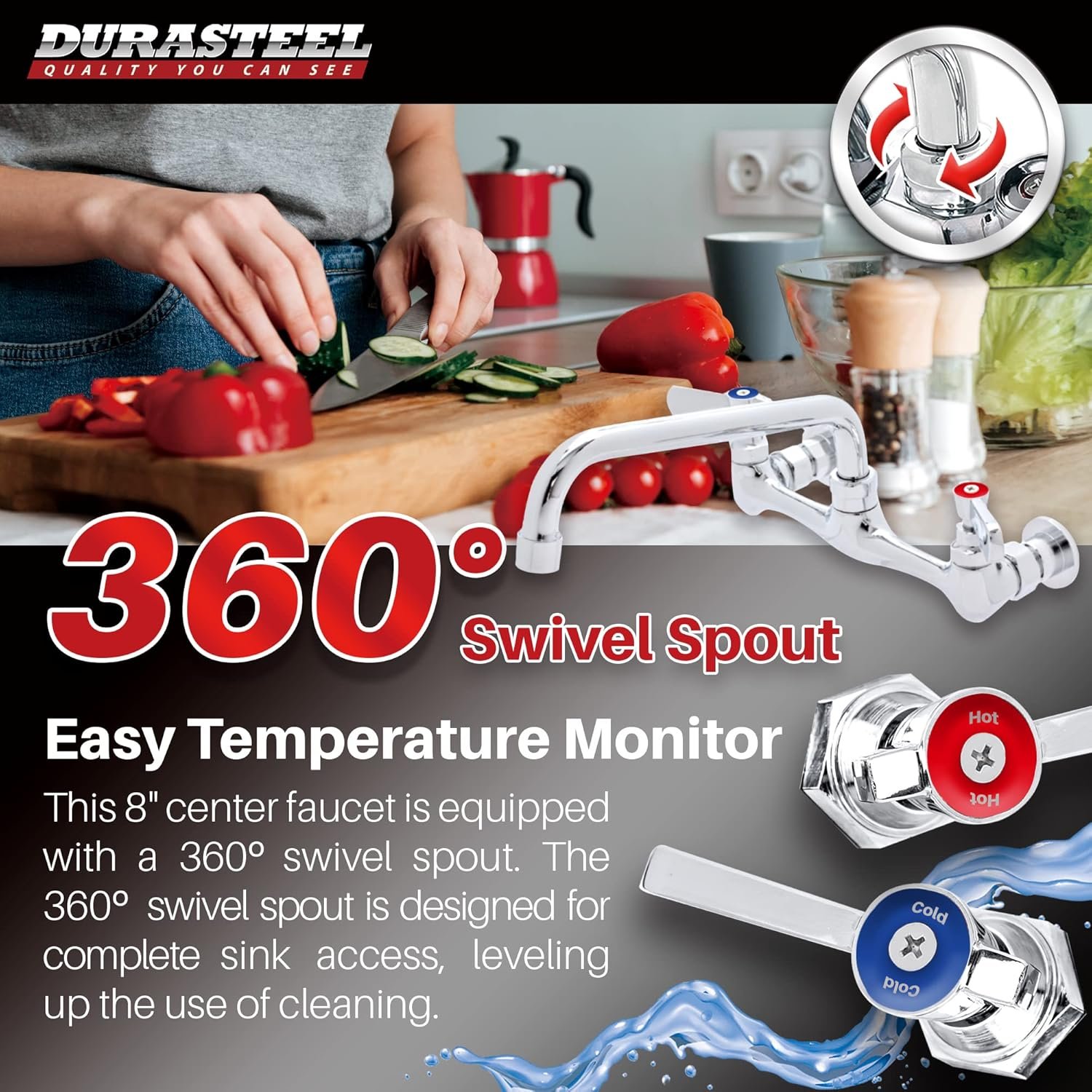 Kitchen Sink No Lead Faucet - DuraSteel 8" Center Wall Mounted Commercial Kitchen Sink Faucet with 8" Swivel Spout - NSF Certified - Dual Lever Handles - Brass Constructed & Chrome Polished - Image 5