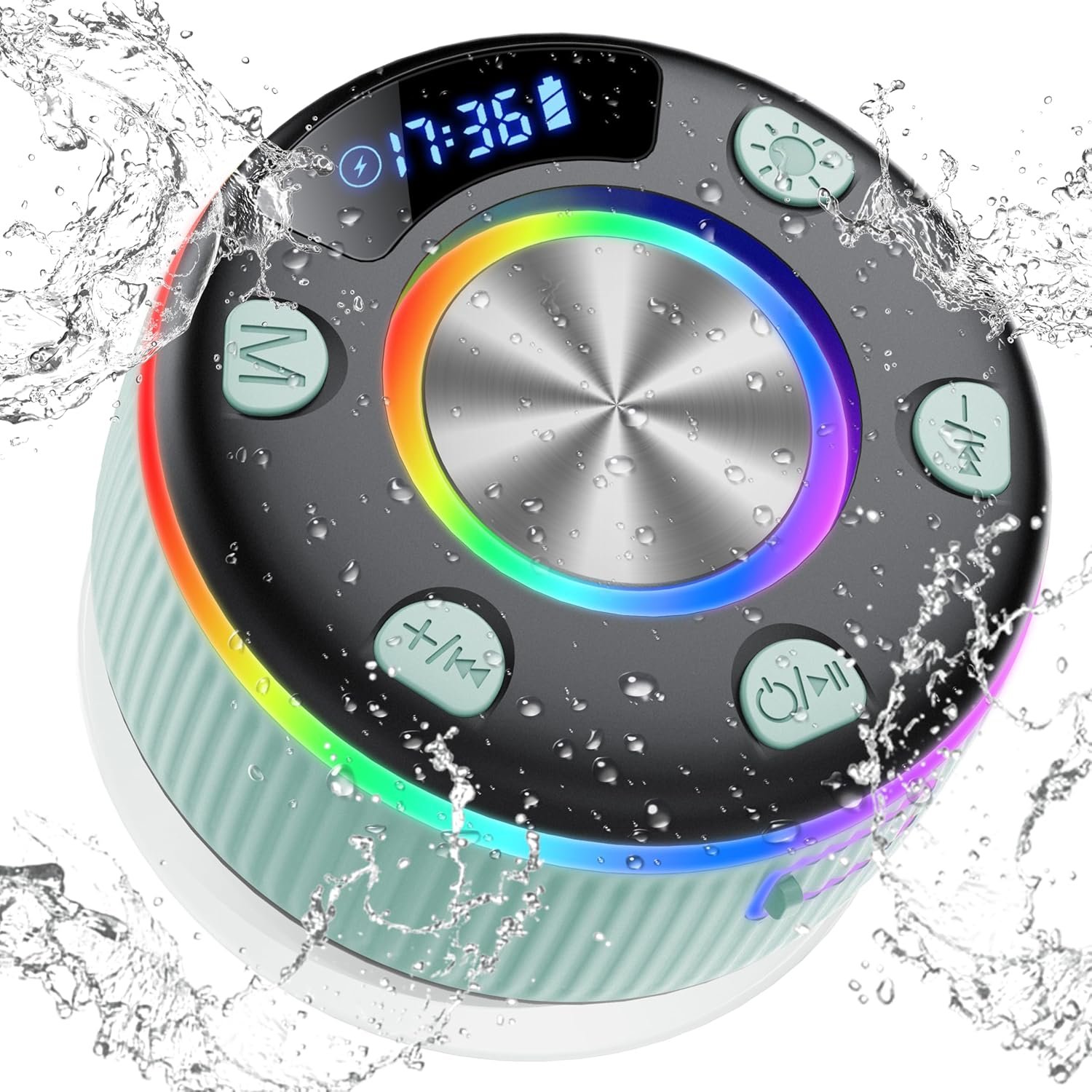 Bluetooth Shower Speaker, Portable Bluetooth 5.3 Speakers Wireless with Time Display, IP7 Waterproof Speaker with RGB Lights, Stereo Bass, Suction Cup, Mini Speaker for Bathroom Party Outdoor, Green - Image 2