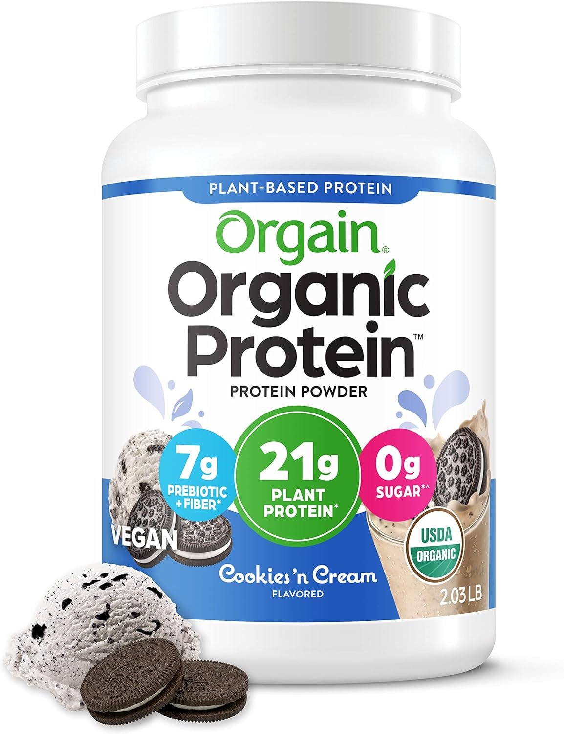 Orgain Organic Vegan Protein Powder, Cookies & Cream - 21g Plant Based Protein, 7g Prebiotic Fiber, Low Net Carb, No Lactose Ingredients, No Added Sugar, Non-GMO, For Shakes & Smoothies, 2.03 lb - Image 2