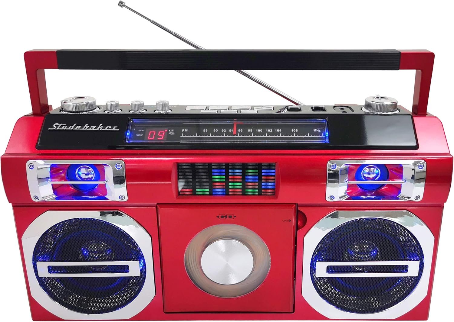 Studebaker SB2145R 80's Retro Street Bluetooth Boombox with FM Radio, CD Player, LED EQ, 10 Watts RMS Power and AC/DC in Red - Image 5