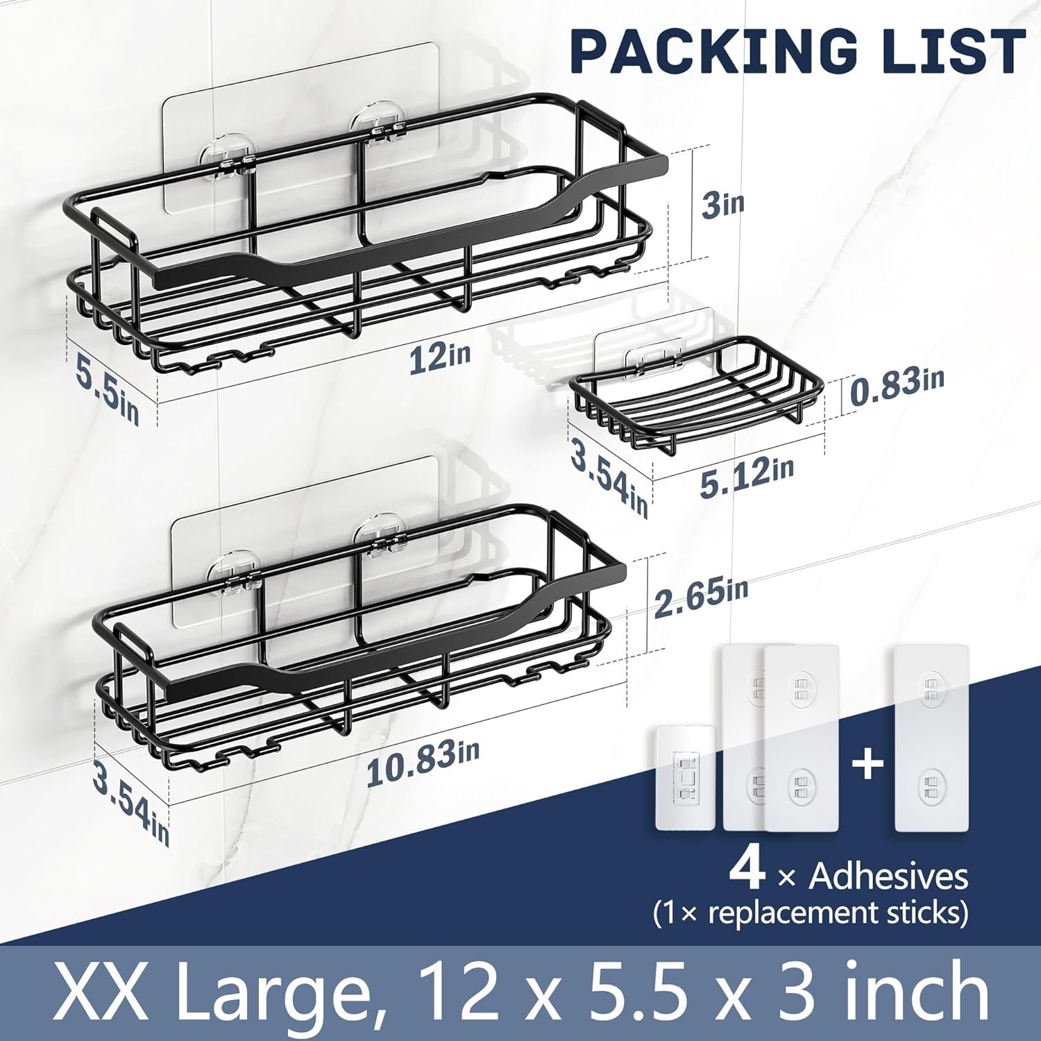 OMAIRA Adhesive Shower Caddy, 3-Pack with Soap Holder,No Drill Bathroom Shower Organizers, Wall Mounted Shower Shelves for Bathroom, Kitchen, Countertop, Black - Image 8