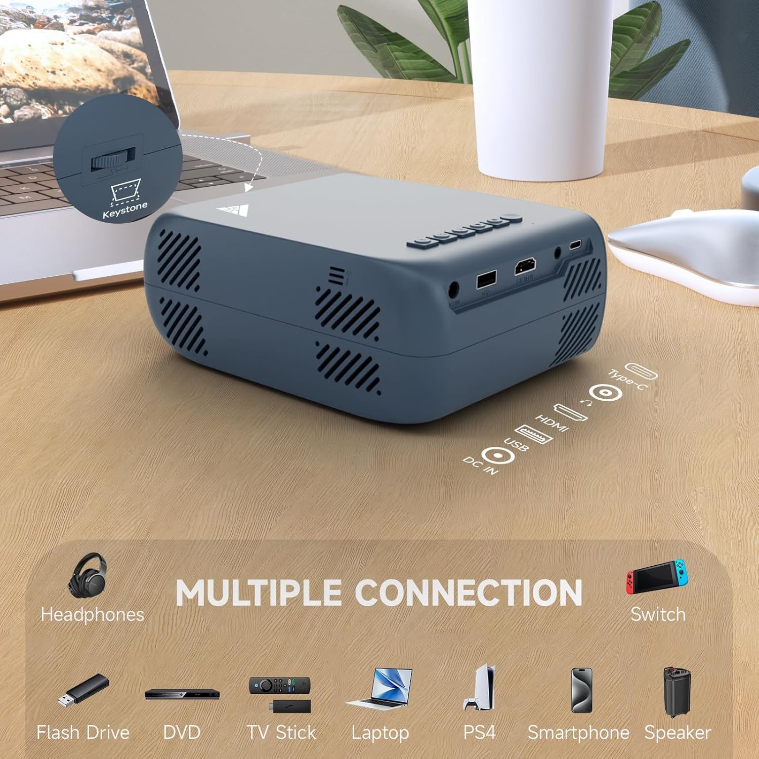 Mini Projector with Wifi Portable Projector Support 1080P 170" Mini HD Movie Projector, Outdoor Projector Compatible with Phone/ Tablet/ Laptop/ TV Stick/ PS4/ HDMI/USB - Wifi Blue - Image 4