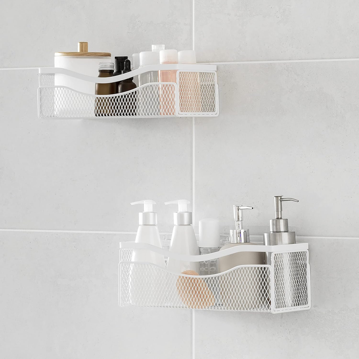 KINCMAX Mesh Shower Caddy (2-Pack), Rustproof Stainless Steel, Adhesive Wall Mount Baskets with Hooks, Mesh Design (Matta White) - Image 2