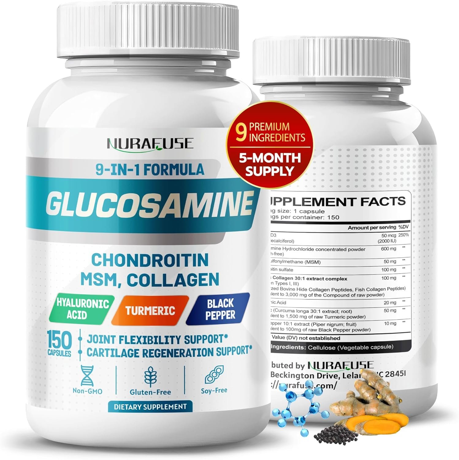 GLUCOSAMINE 9-in-1 Formula - with MSM Chondroitin Collagen Turmeric Hyaluronic Acid Vitamin D3 Non-GMO, Gluten-Free, Soy-Free - Image 2