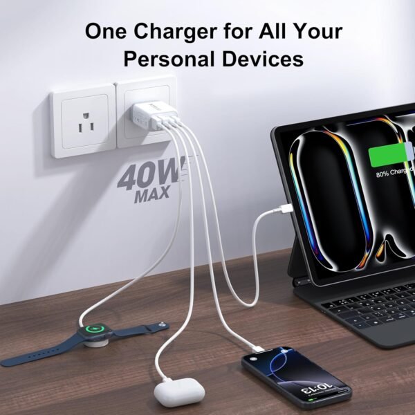 [2-Pack] 40W USB C Wall Plug, 4 Port Fast Charging Block PD 3.0 Multi Port Type C Adapter Cube for iPhone 16/15/14/13/12/Pro Max Plus/XR/SE,iPad/Pro/Mini/Air,AirPods4,watch10,Galaxy - Image 3