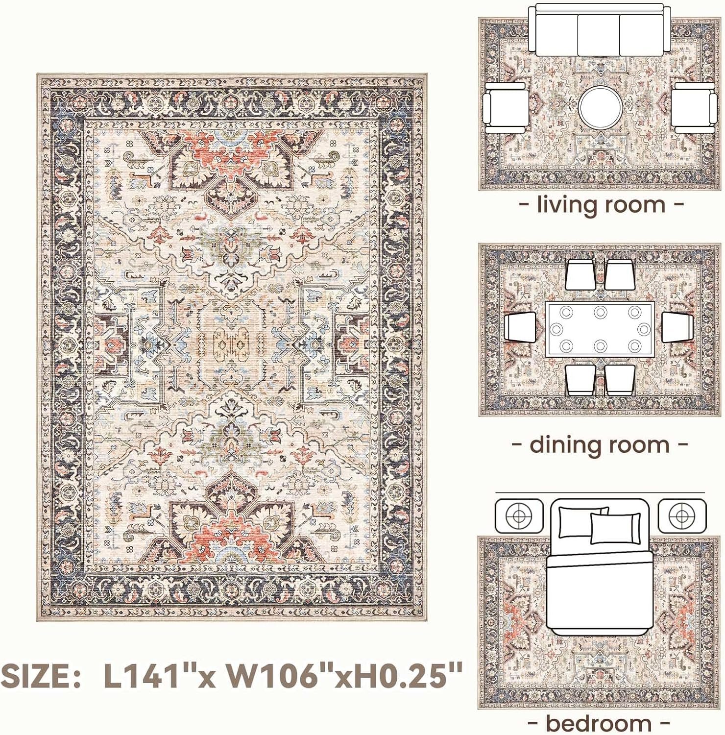 9x12 Area Rugs for Living Room - Large Carpet Ultra Thin Soft Washable Oriental Vintage Floral Distressed Rug Big Indoor Carpets for Bedroom Nursery Dorm Home Decor Aesthetic - Multi - Image 9