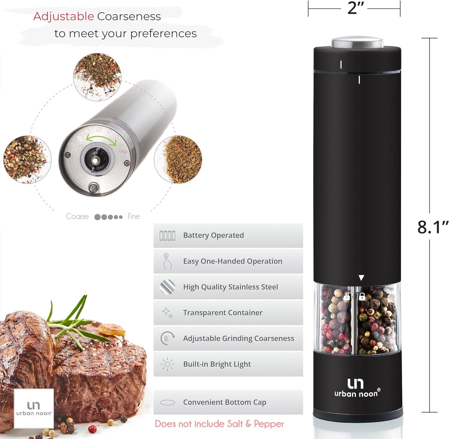 Electric Salt and Pepper Grinder Set - Battery Operated Stainless Steel Mill with Light (2 Black Mills) - Automatic One Handed Operation - Electronic Adjustable Shakers - Ceramic Grinders - Image 6