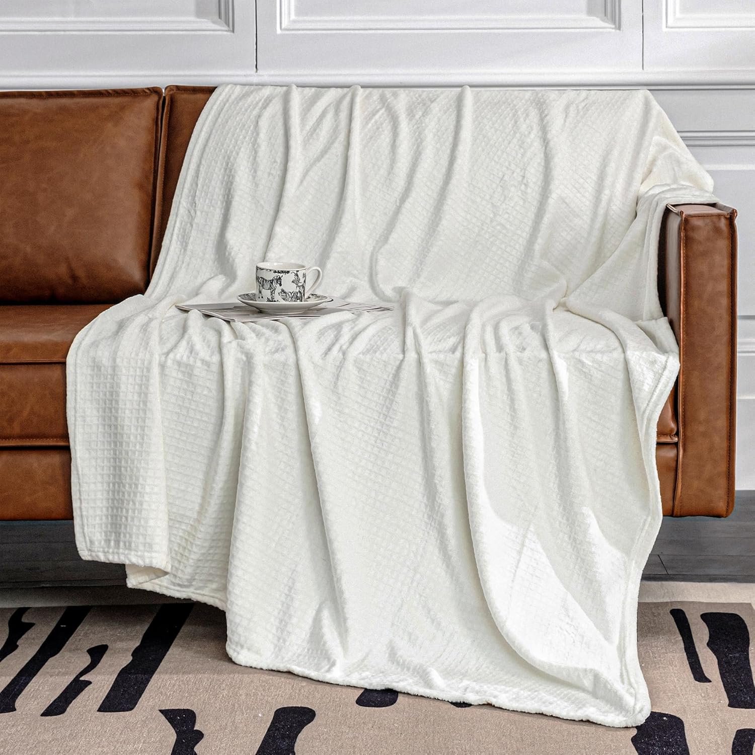 Soft Cozy 50x70 Inches Waffle Flannel Throw Blanket,3D Jacquard Grid Design Luxury,Lightweight Plush Fuzzy Summer Blanket Fleece Blanket for Couch,Bed,Sofa,Camping and Travel,Ivory White - Image 2