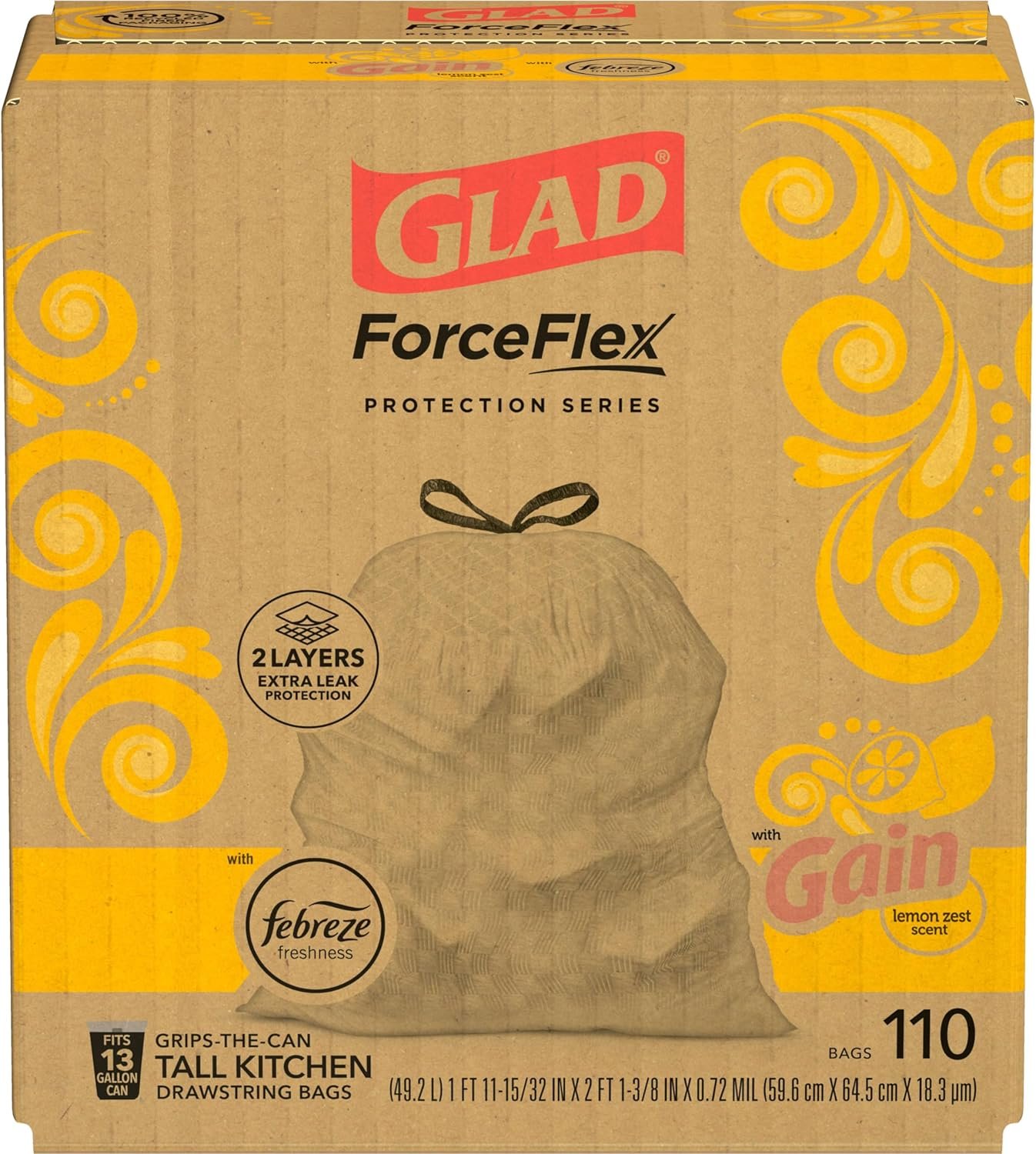 Glad Trash Bags, ForceFlex Tall Kitchen Drawstring Garbage Bags, 13 Gal, Gain Lemon Zest, 110 Ct, Pack May Vary - Image 10