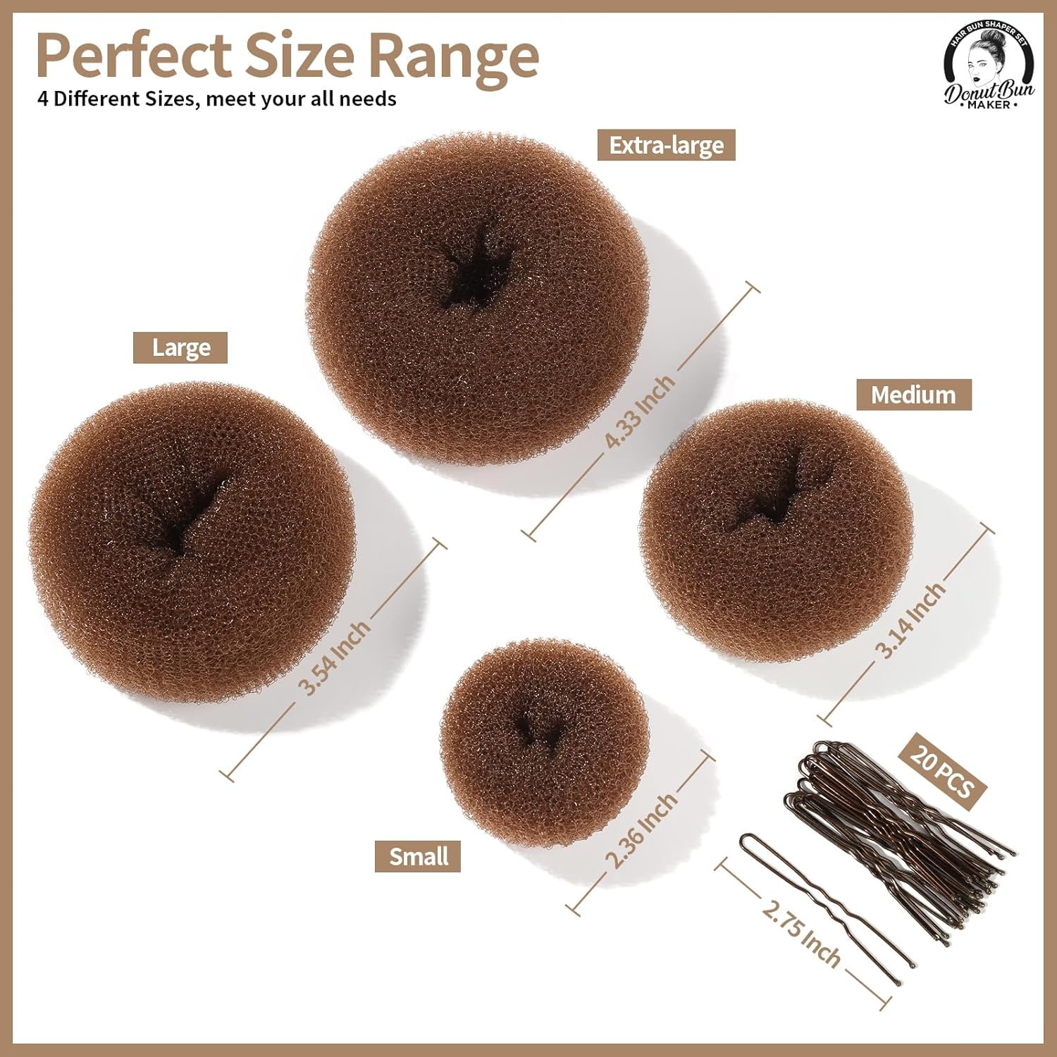 Teenitor Hair Bun Maker for Kids Girls - Hair Donuts, Ballet Bun in 4 Sizes, Light Brown - Image 3