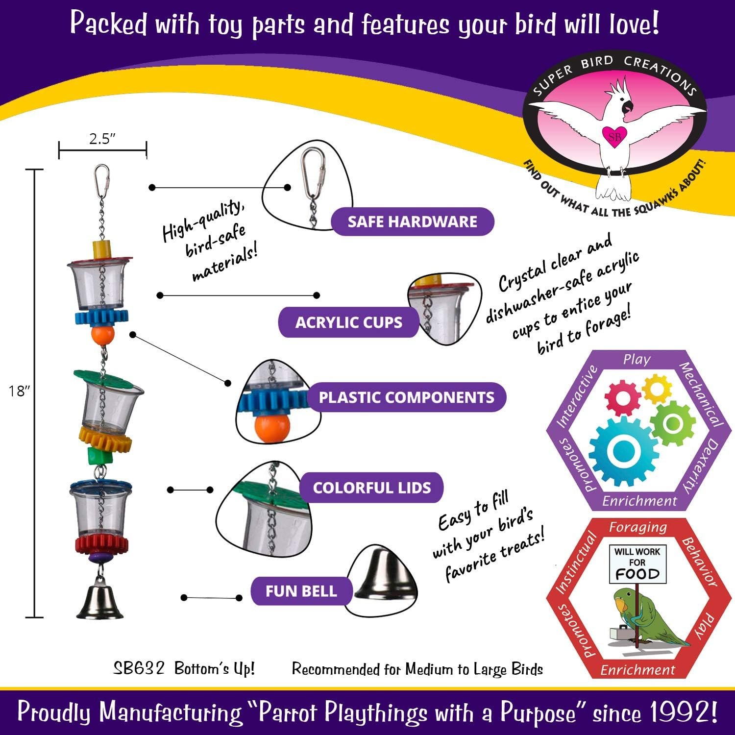 Super Bird Creations SB632 Foraging Bottom’s Up Bird Toy with Clear Acrylic Cups, Medium/Large Bird Size, 18” x 2.5” - Image 3