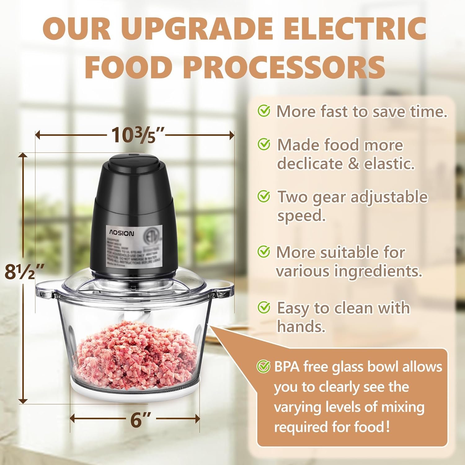 AOSION Electric Food Processor,8 Cup food Chopper,Vegetable Chopper & Meat grinder 350W with 2L Glass Bowl Grinder with 2 Speed for Baby Food/Meat/Fruits/Nuts. - Image 3