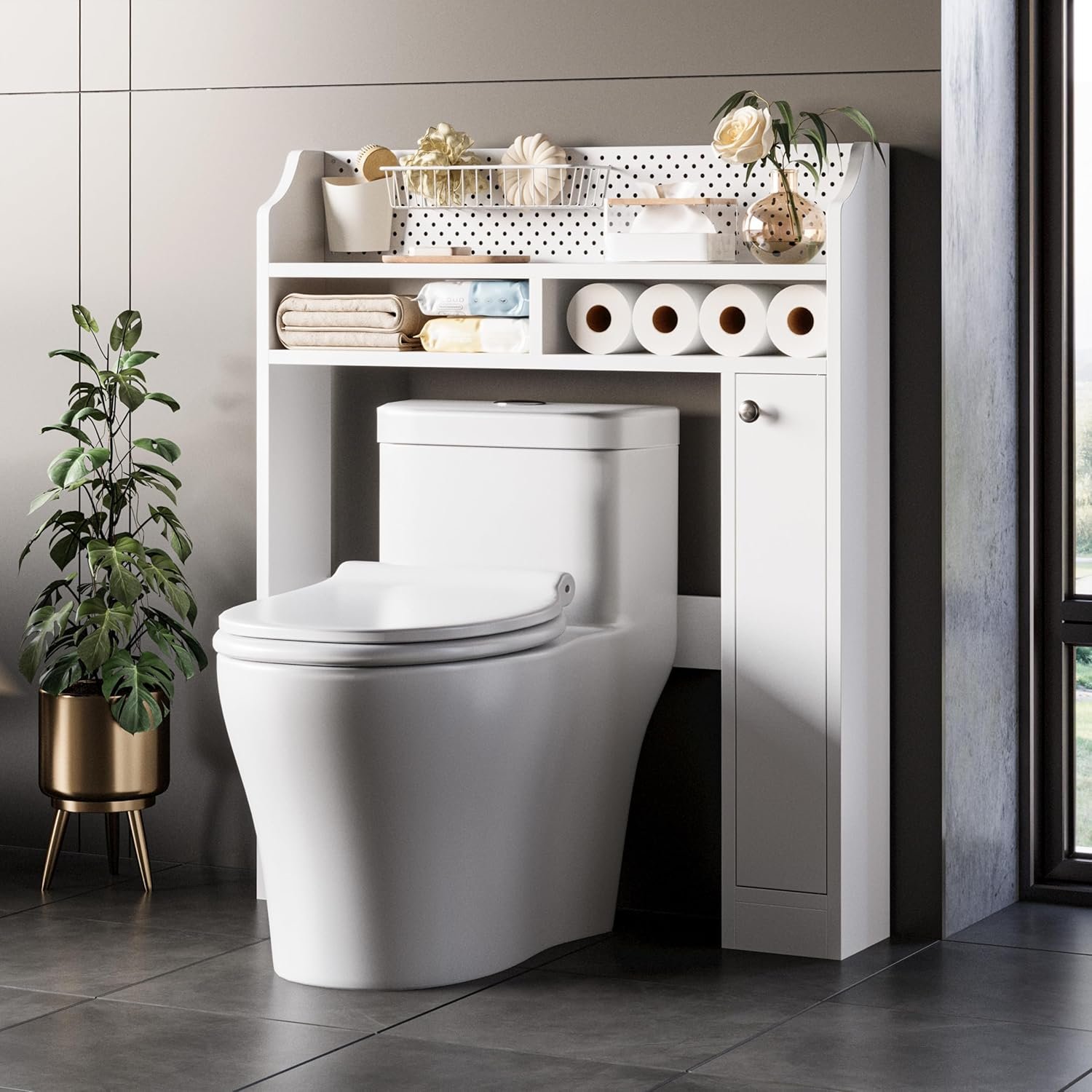 IRONCK Over The Toilet Storage Cabinet, Freestanding Bathroom Organizer with Door Cabinet & Open Shelves, Space-Saving Toilet Rack with Metal Pegboard and Wire Basket for Bathroom, Laundry Room, White - Image 3