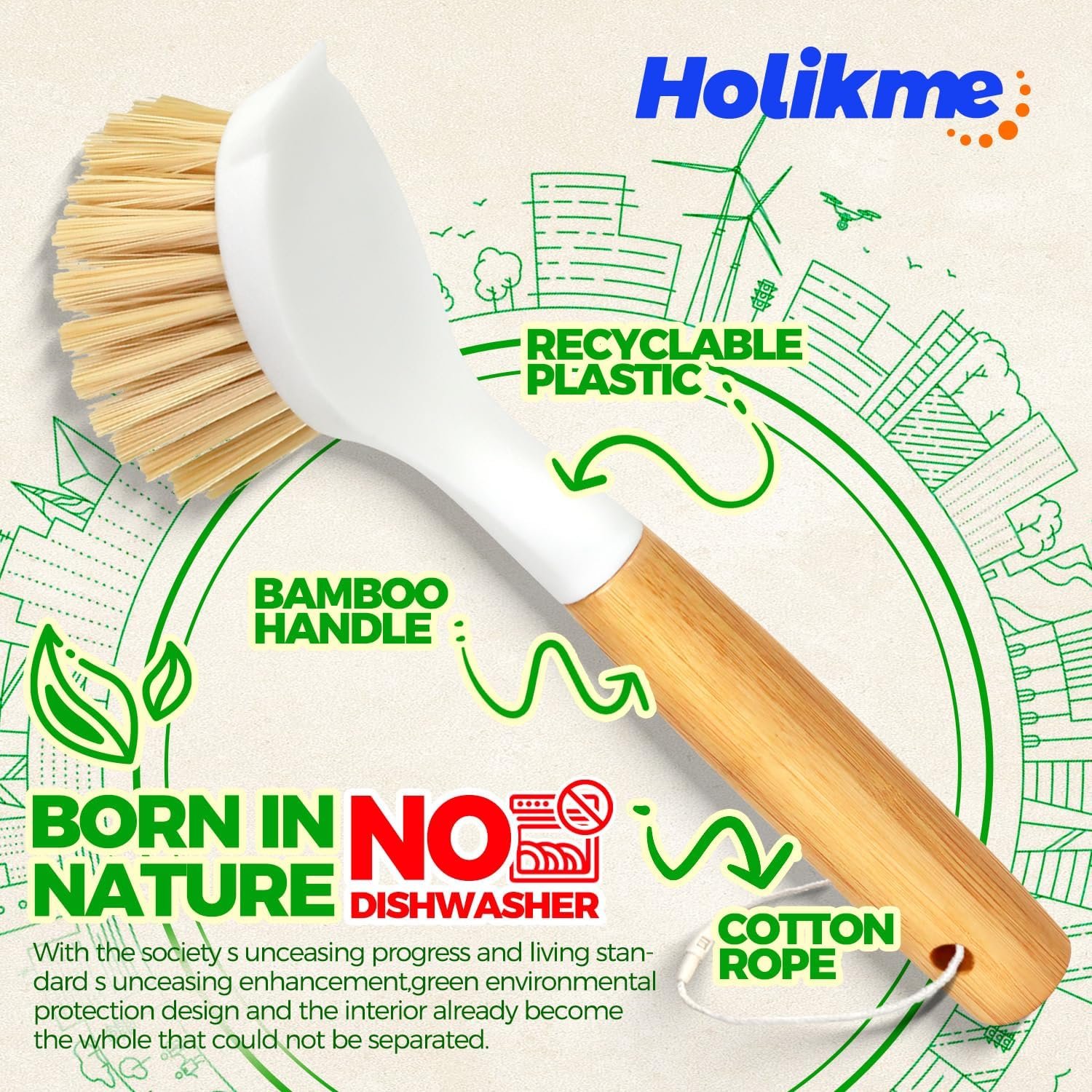 Holikme 3 Pack Dish Brush Set with Bamboo Handle, Kitchen Cleaner for Cleaning Pot, Sink and Stove, Skillet Scrubber with Tough Bristles for Cast Iron Grill Pan, Yellow White Black - Image 6