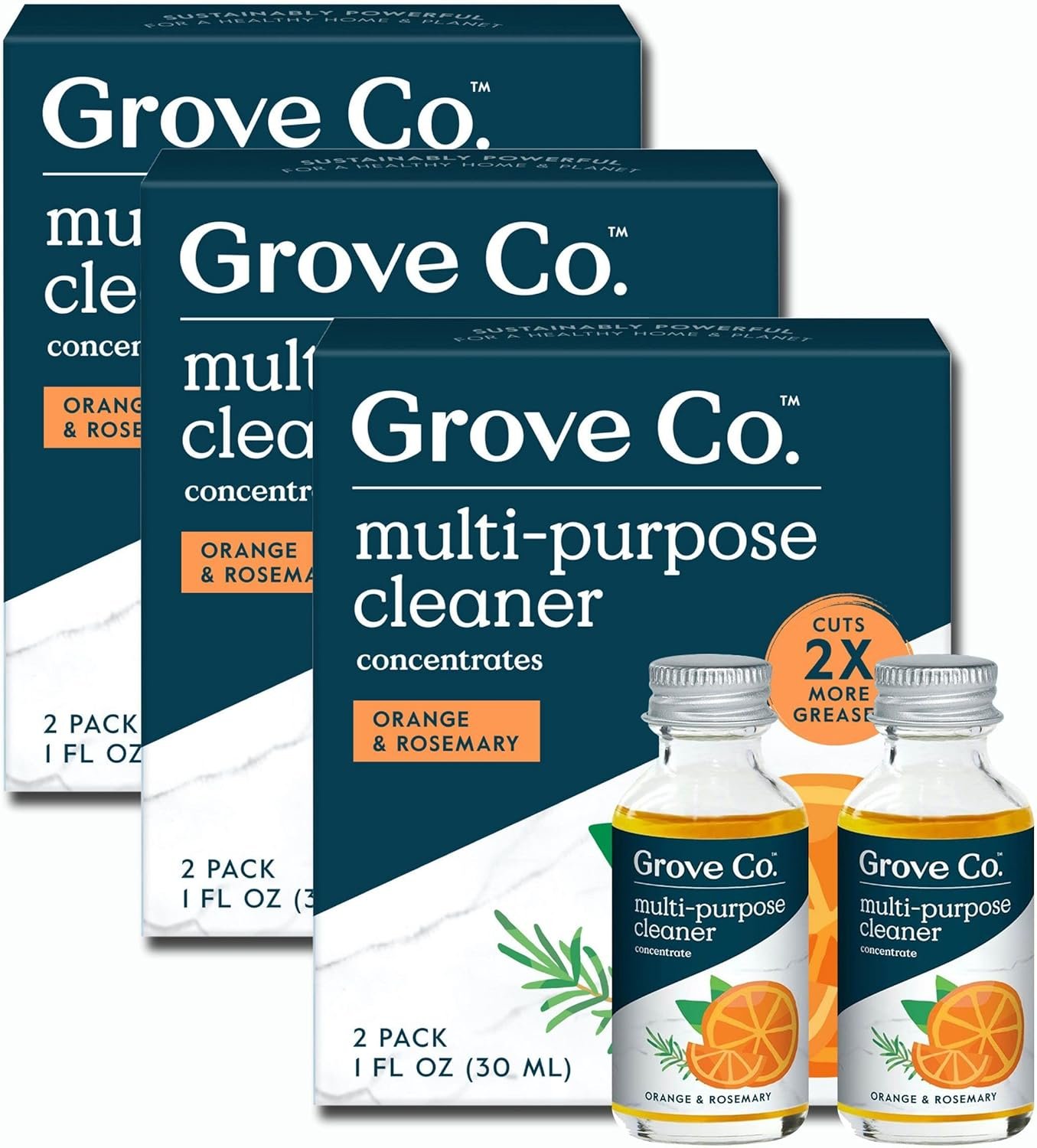 Grove Co. Multi-Purpose Cleaner, Refill Concentrate (6 x 1 Fl Oz) Plant-based Household Cleaning Supplies, Ammonia & Chlorine Free, No Plastic Waste, Orange & Rosemary Scent, Total 3 x 2 Pack Refills - Image 2