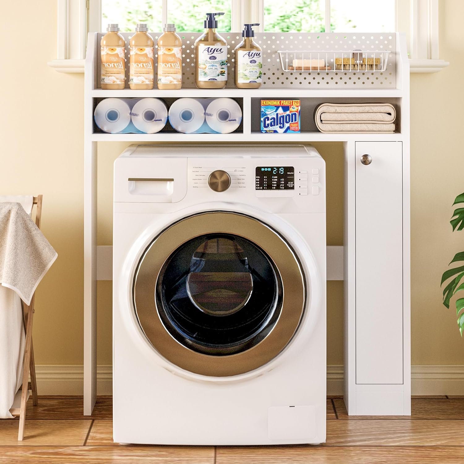 IRONCK Over The Toilet Storage Cabinet, Freestanding Bathroom Organizer with Door Cabinet & Open Shelves, Space-Saving Toilet Rack with Metal Pegboard and Wire Basket for Bathroom, Laundry Room, White - Image 10