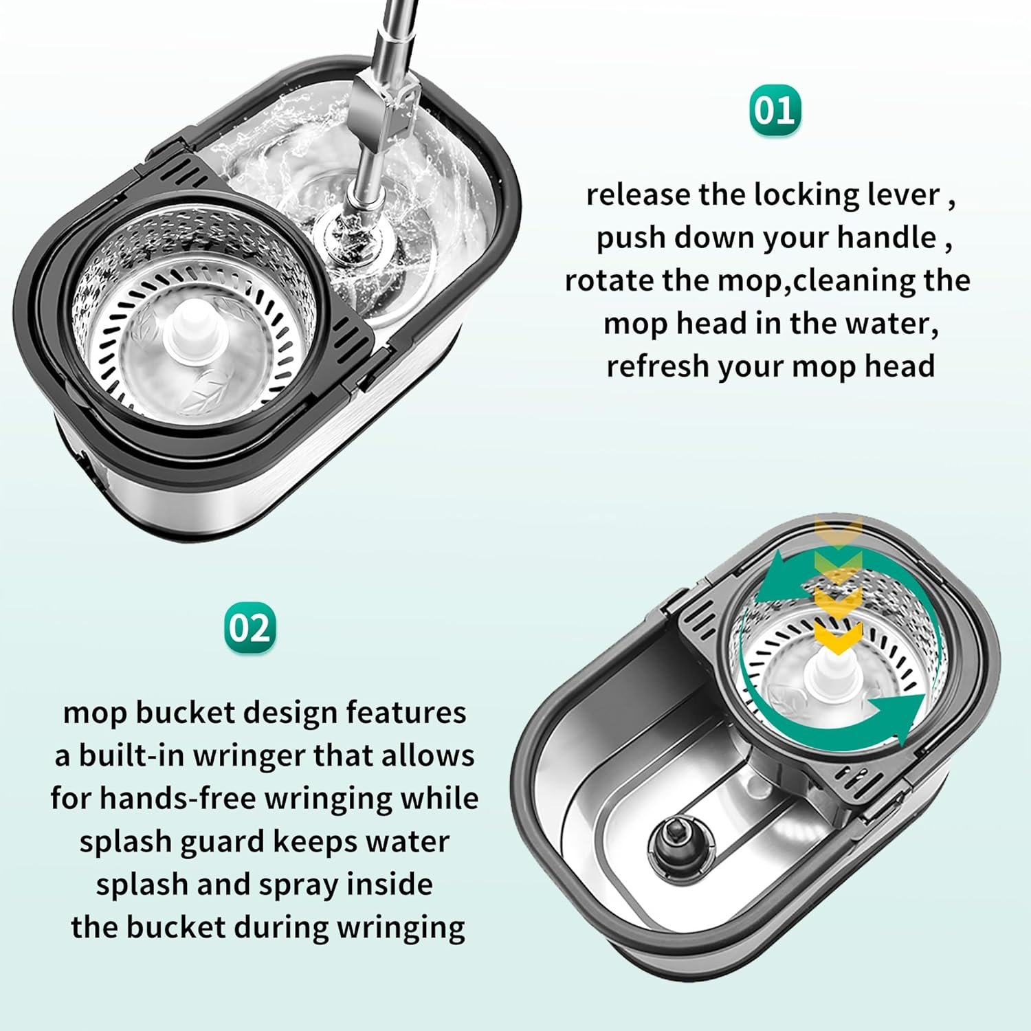 Stainless Steel Spin Mop and Bucket with Wringer Set, 360° Spinning Mop Bucket Floor Cleaning System with 4 Microfiber Mop Replacement Heads - Image 6