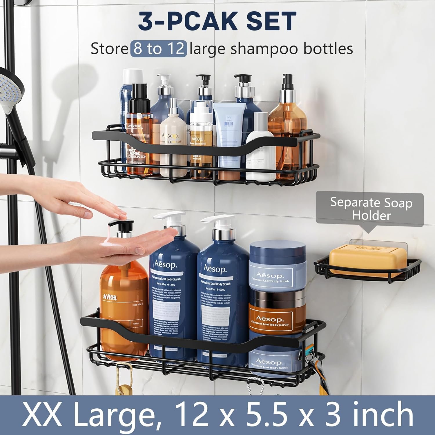 OMAIRA Adhesive Shower Caddy, 3-Pack with Soap Holder,No Drill Bathroom Shower Organizers, Wall Mounted Shower Shelves for Bathroom, Kitchen, Countertop, Black - Image 4