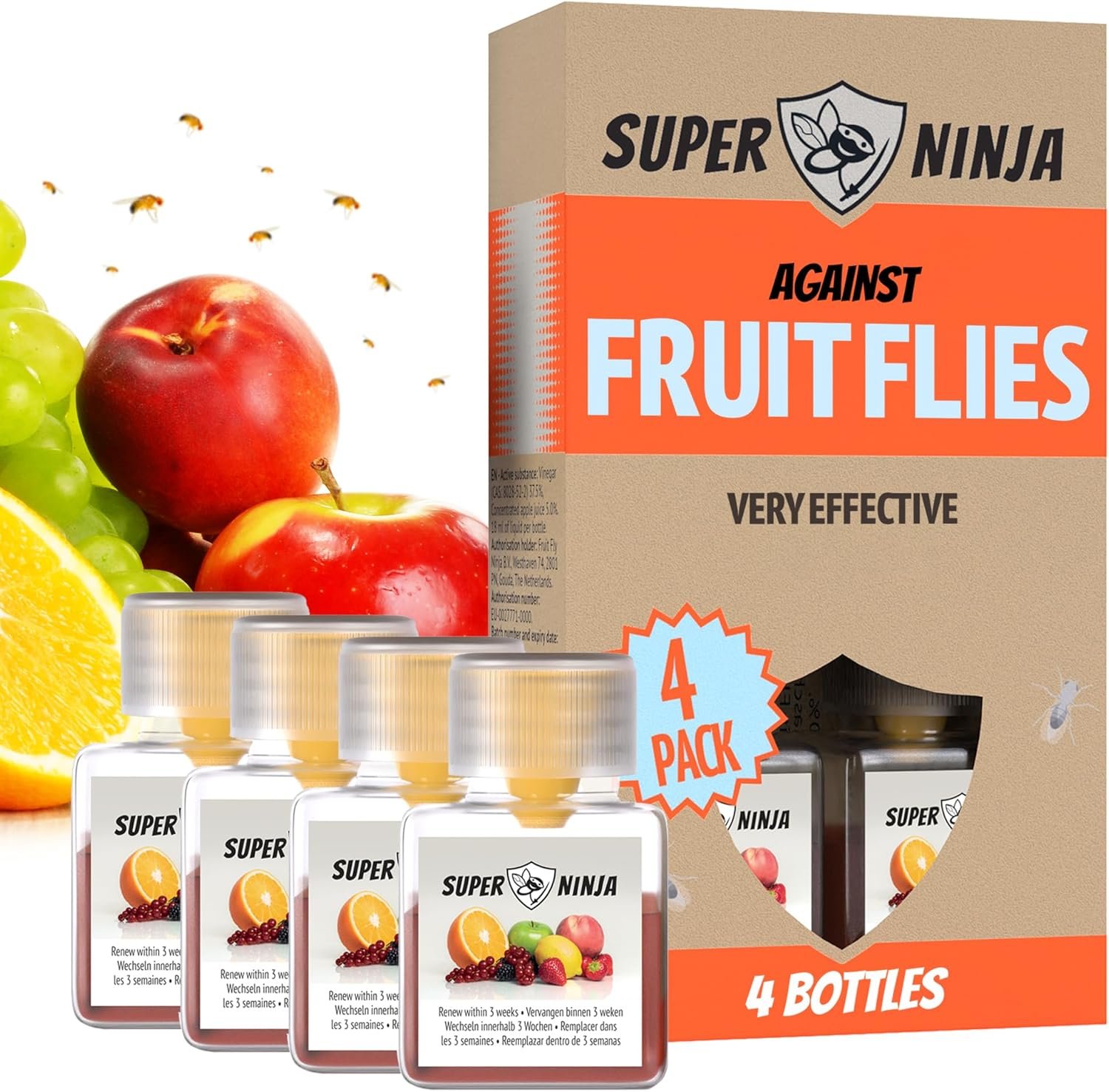 Super Ninja Fruit Fly Traps for Indoors - 4 Traps - Highly Effective Eco-Friendly Fruit Fly Catcher for Indoors - Pet and Child Safe - Up to 3 Weeks per Bottle - Image 2