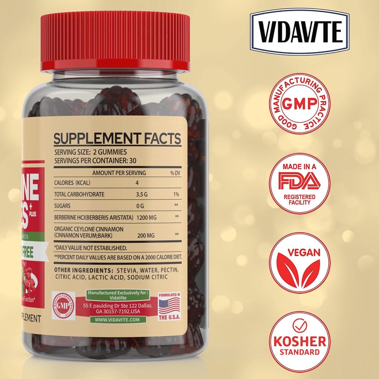 Berberine with Ceylon Cinnamon Gummies — Sugar-free, 98% Pure & 10x Absorption — 1200mg Organic Berberine Supplement for Weight Loss, Immunity, Cardiac, Metabolic & Digestive Health (30 Days) - Image 3