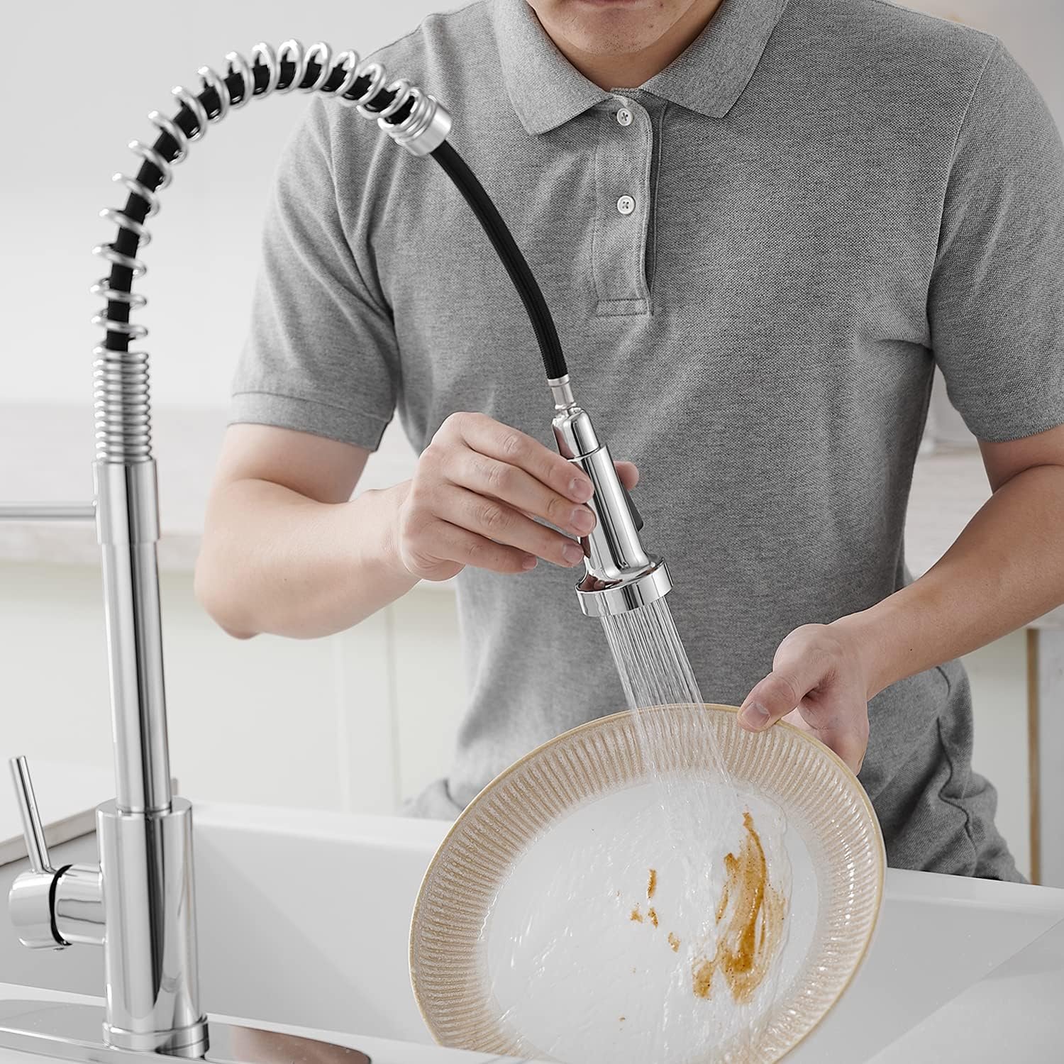 VOTON Kitchen Faucets with Pull Out Sprayer Commercial Spring Sink Faucet Stainless Steel Chrome Pull Down Single Handle Farmhouse faucets with Deck Plate for Camper Laundry Utility Rv Wet Bar - Image 3