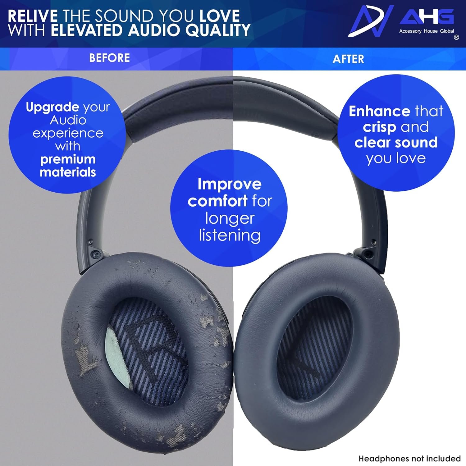AHG QC35 Replacement Ear Pads / QC35 ii Ear Pads Cushion Blue Compatible with Bose QuietComfort 35 (QC35) / Bose QuietComfort 35 ii (QC35 ii) Headphones (Midnight Blue). Great Comfort + Durability - Image 5