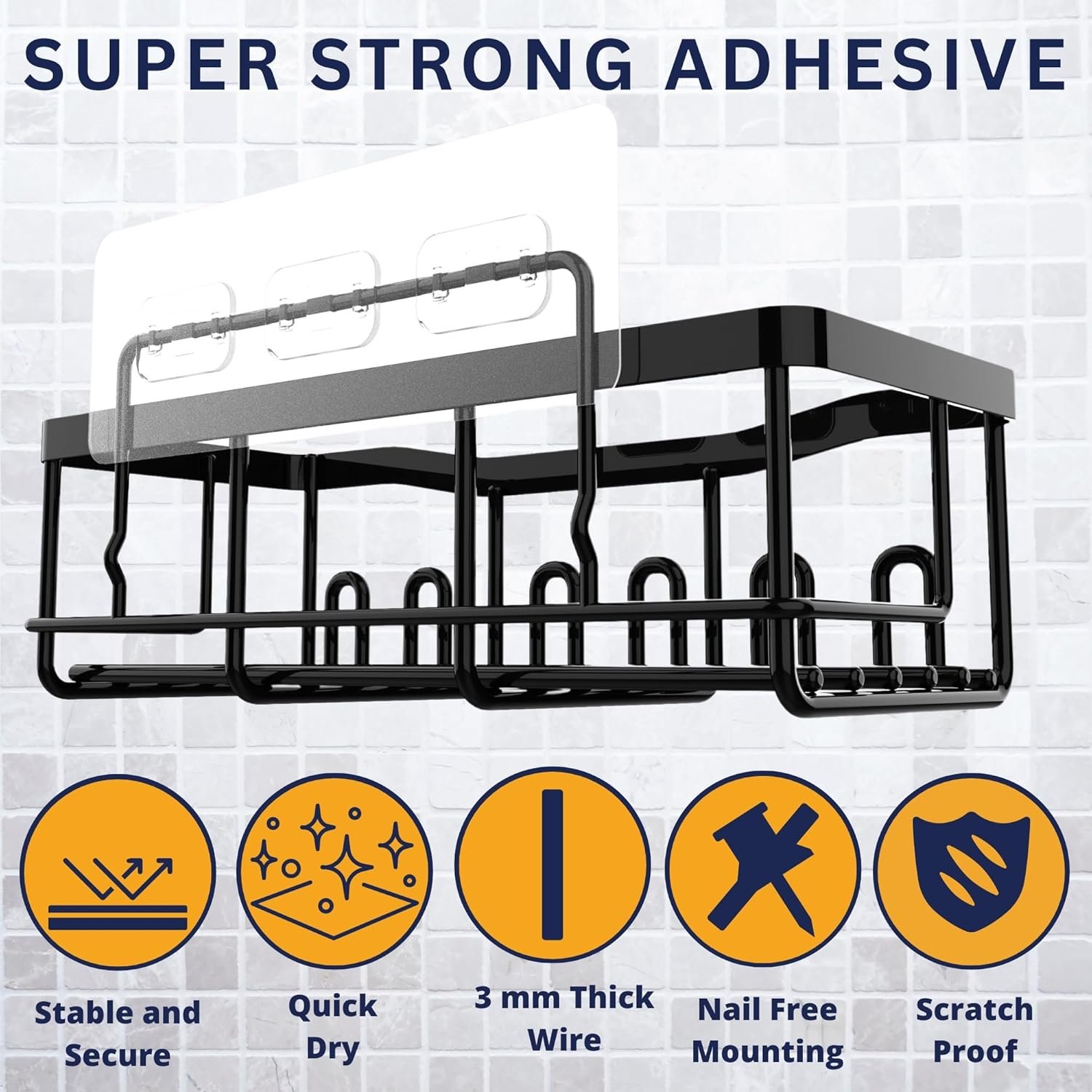 Rustproof Adhesive Shower Caddy Hanging Black 5-Pack No Drill Bathroom Organizer With 20 Hooks,Soap Holder,4 Snap Hooks-Stainless Steel Wall Mounted Storage For Kitchen & Home Decor - Image 7