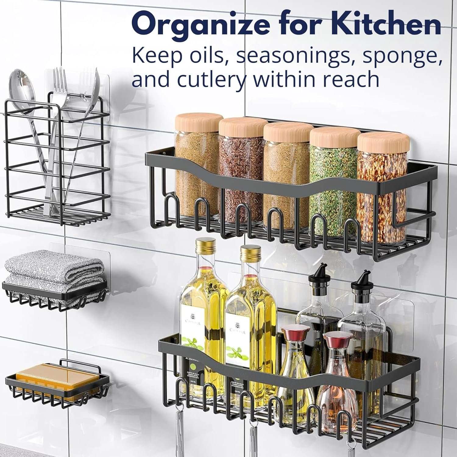 Rustproof Adhesive Shower Caddy Hanging Black 5-Pack No Drill Bathroom Organizer With 20 Hooks,Soap Holder,4 Snap Hooks-Stainless Steel Wall Mounted Storage For Kitchen & Home Decor - Image 8