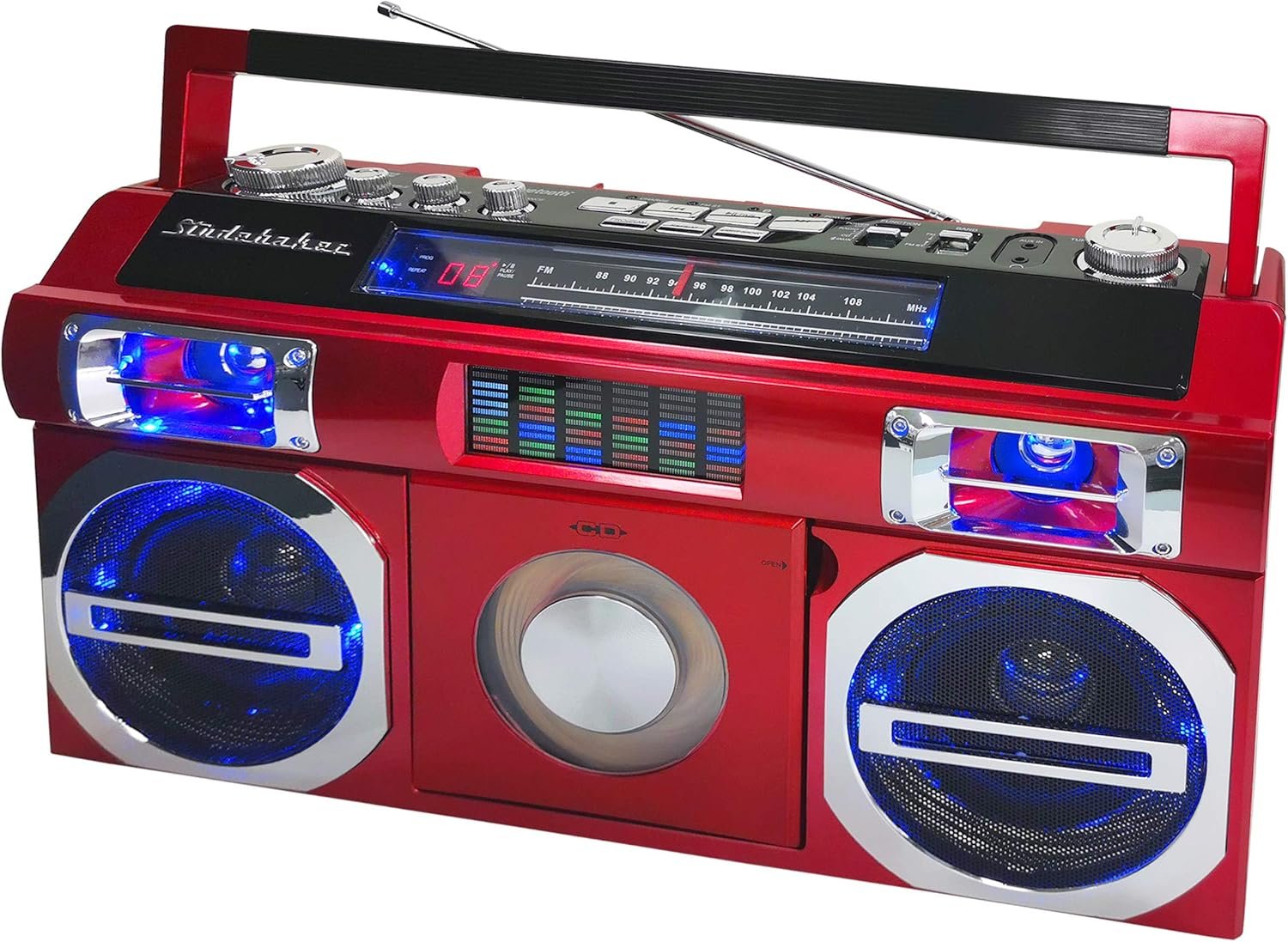 Studebaker SB2145R 80's Retro Street Bluetooth Boombox with FM Radio, CD Player, LED EQ, 10 Watts RMS Power and AC/DC in Red - Image 3